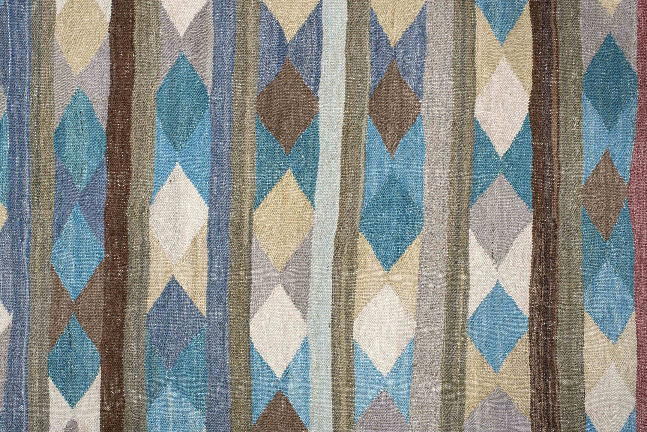 2' x 9' one-of-a-kind handmade vintage Kilim runner rug. Color palette: gray, brown, red, light blue, light gray, pink