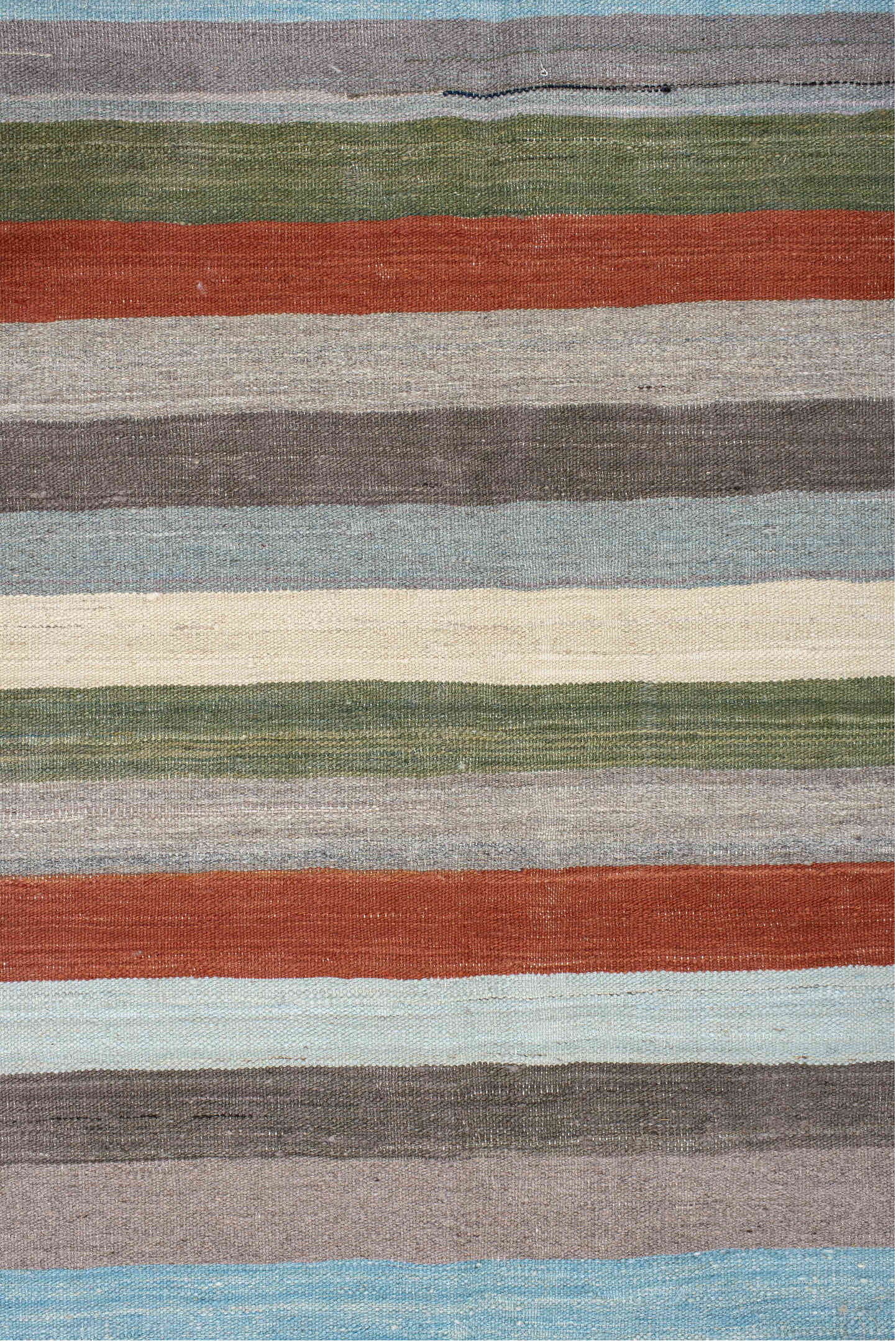3' x 9' one-of-a-kind handmade vintage Kilim runner rug. Color palette: gray, ivory, rust, pale blue, olive, taupe, charcoal