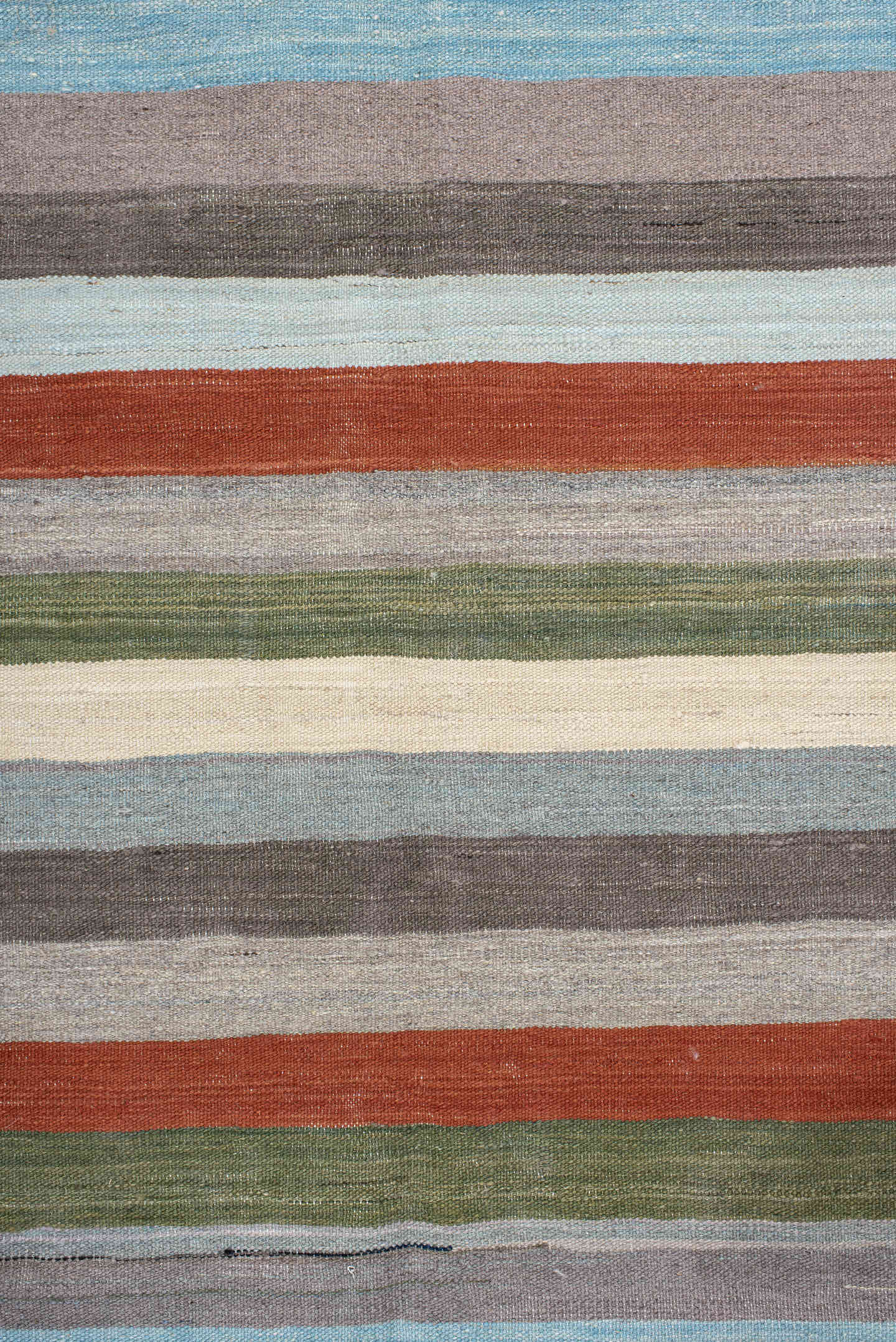 3' x 9' one-of-a-kind handmade vintage Kilim runner rug. Color palette: gray, ivory, rust, pale blue, olive, taupe, charcoal