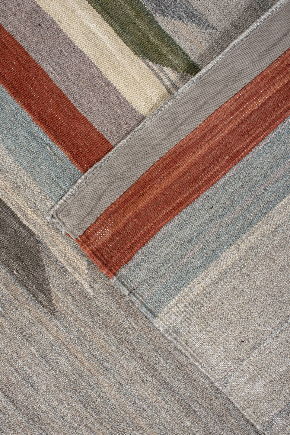 3' x 9' one-of-a-kind handmade vintage Kilim runner rug. Color palette: gray, ivory, rust, pale blue, olive, taupe, charcoal
