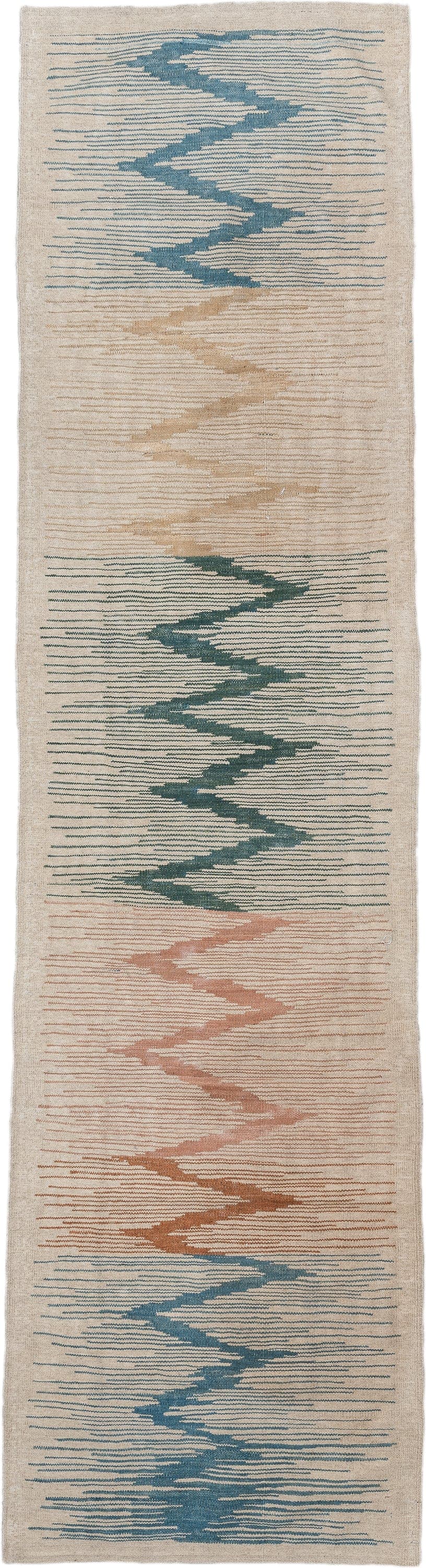 2' x 9' one-of-a-kind handmade vintage Kilim runner rug. Color palette: ivory, sky blue, teal, blush, terra cotta, sand