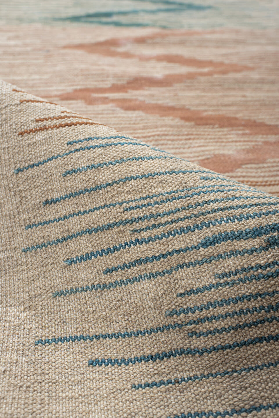 2' x 9' one-of-a-kind handmade vintage Kilim runner rug. Color palette: ivory, sky blue, teal, blush, terra cotta, sand