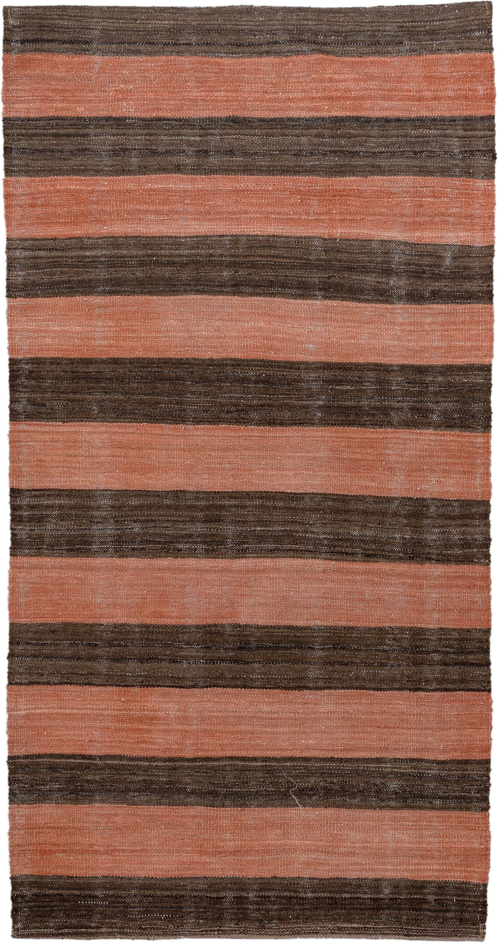 3' x 6' one-of-a-kind handmade vintage Kilim small size rug. Color palette: terra cotta, brown, taupe, terracotta, beige