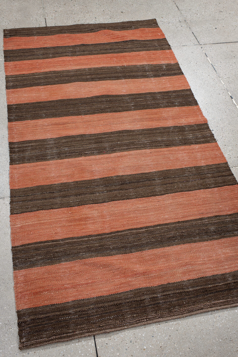 3' x 6' one-of-a-kind handmade vintage Kilim small size rug. Color palette: terra cotta, brown, taupe, terracotta, beige