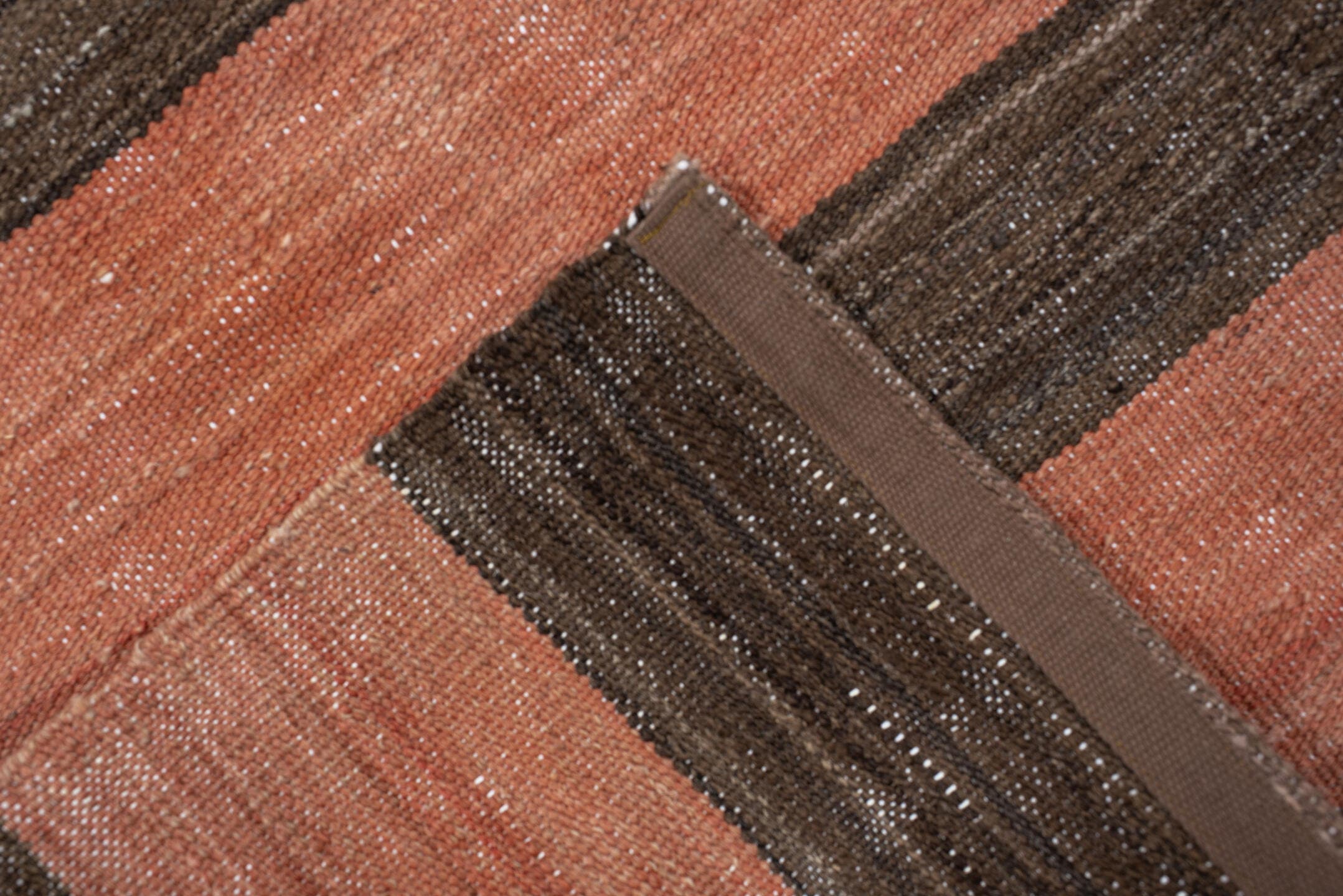 3' x 6' one-of-a-kind handmade vintage Kilim small size rug. Color palette: terra cotta, brown, taupe, terracotta, beige