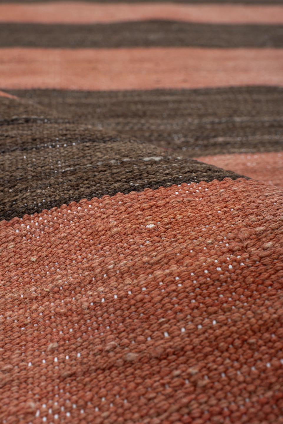 3' x 6' one-of-a-kind handmade vintage Kilim small size rug. Color palette: brown, pink, gray, black