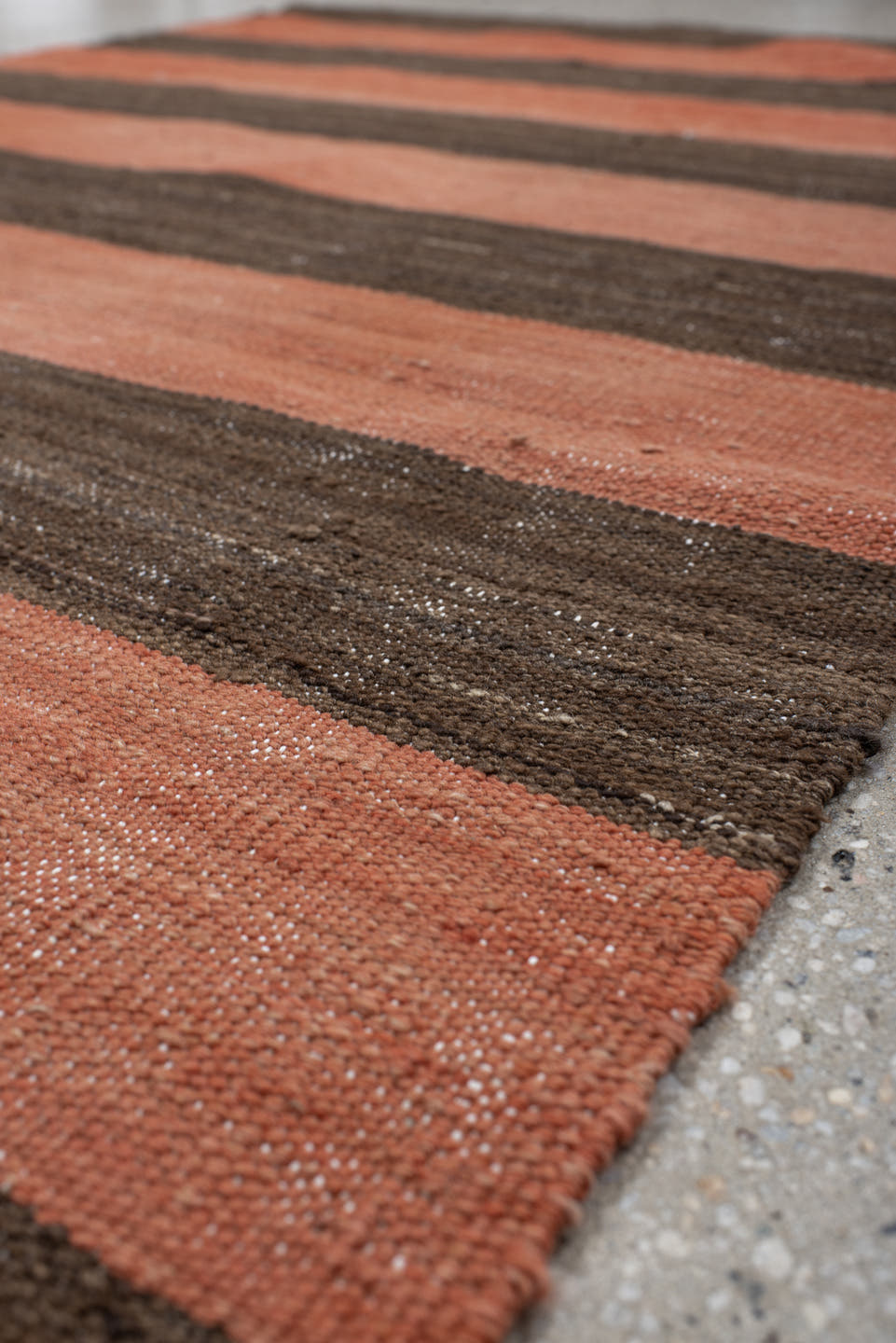 3' x 6' one-of-a-kind handmade vintage Kilim small size rug. Color palette: terra cotta, brown, taupe, terracotta, beige
