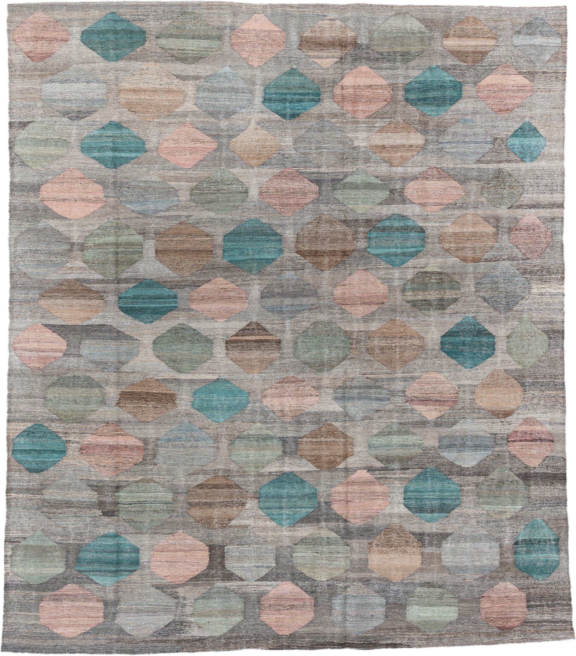 8' x 9' one-of-a-kind handmade vintage Kilim rug. Color palette: gray, taupe, teal, blush, sage, ivory, camel, brown, beige