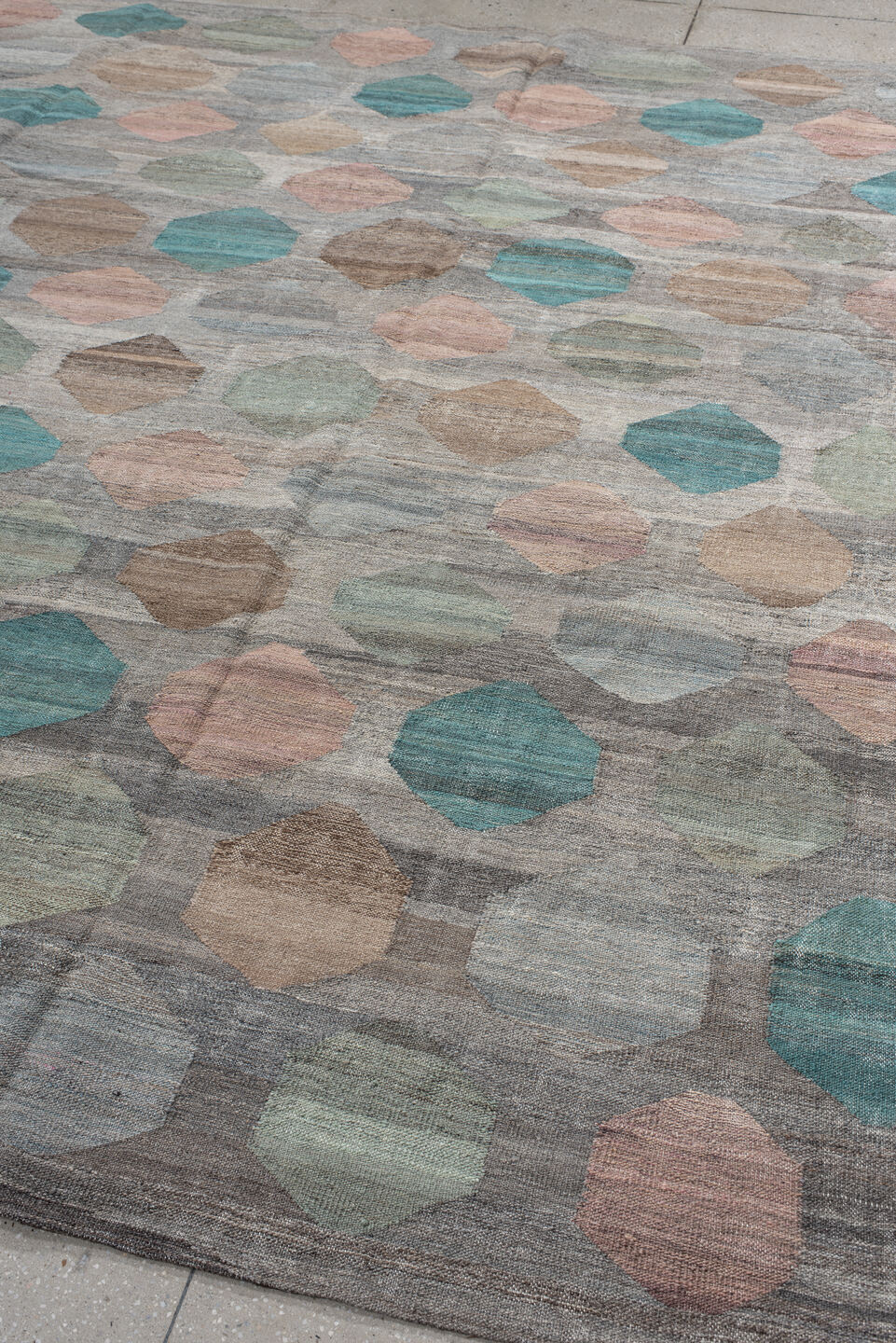 8' x 9' one-of-a-kind handmade vintage Kilim rug. Color palette: gray, taupe, teal, blush, sage, ivory, camel, brown, beige