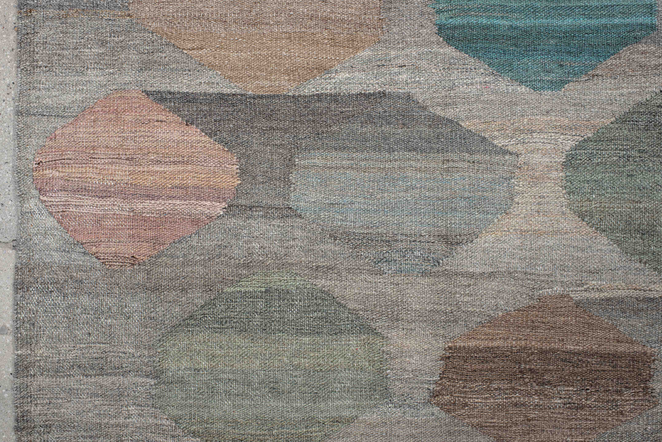 8' x 9' one-of-a-kind handmade vintage Kilim rug. Color palette: gray, taupe, teal, blush, sage, ivory, camel, brown, beige