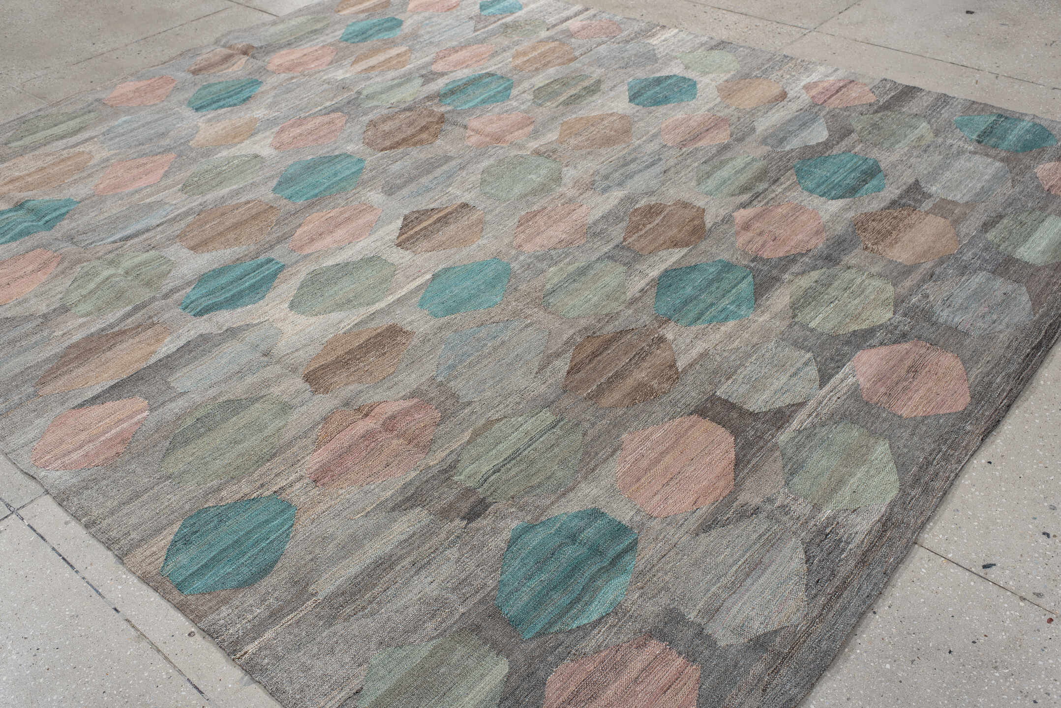 8' x 9' one-of-a-kind handmade vintage Kilim rug. Color palette: gray, taupe, teal, blush, sage, ivory, camel, brown, beige