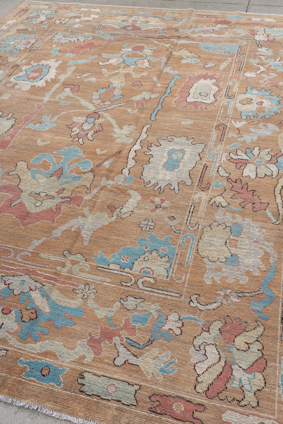8' x 10' one-of-a-kind handmade vintage Oushak large size rug. Color palette: peach, ivory, sky blue, coral, beige