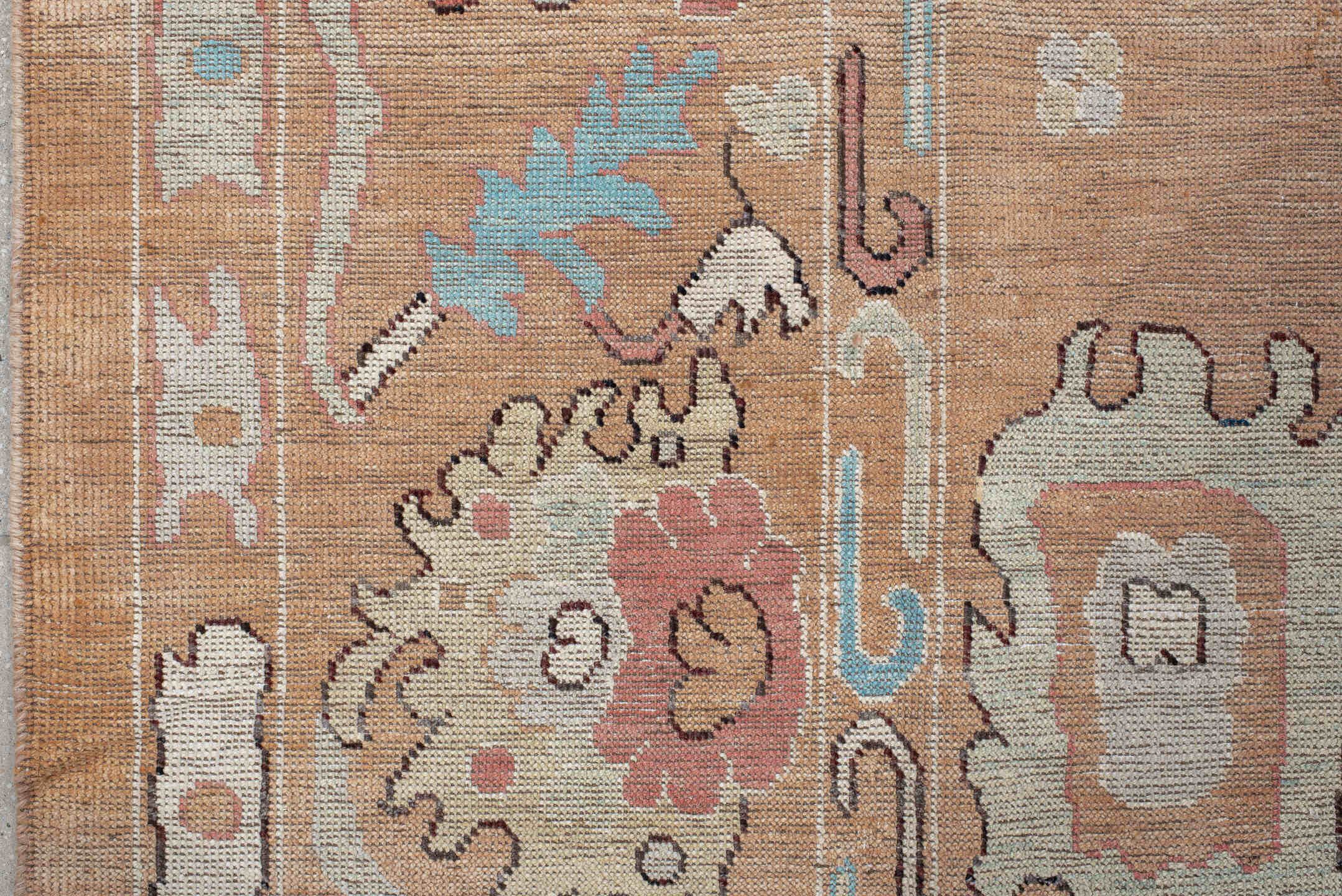 8' x 10' one-of-a-kind handmade vintage Oushak large size rug. Color palette: peach, ivory, sky blue, coral, beige