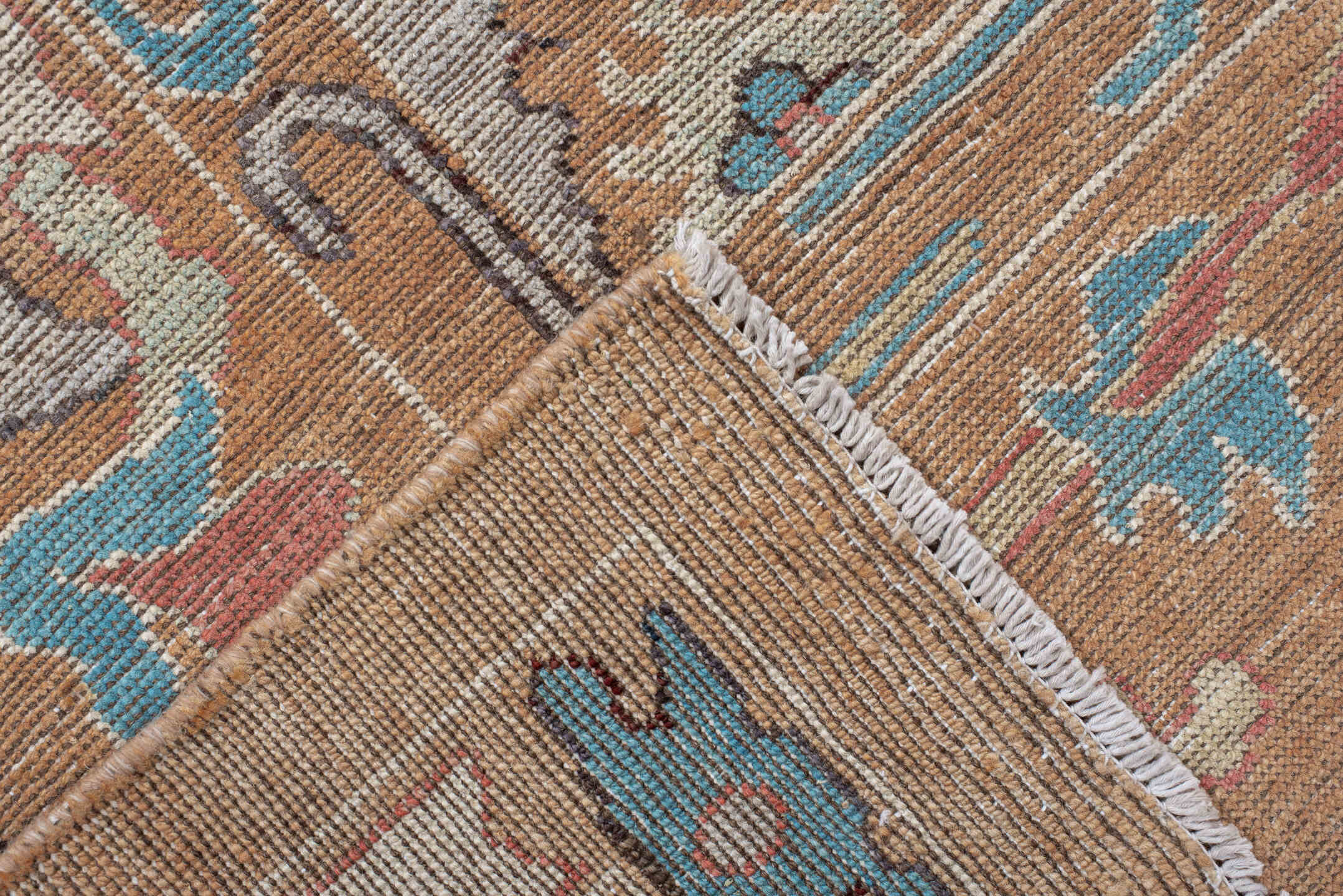 8' x 10' one-of-a-kind handmade vintage Oushak large size rug. Color palette: peach, ivory, sky blue, coral, beige