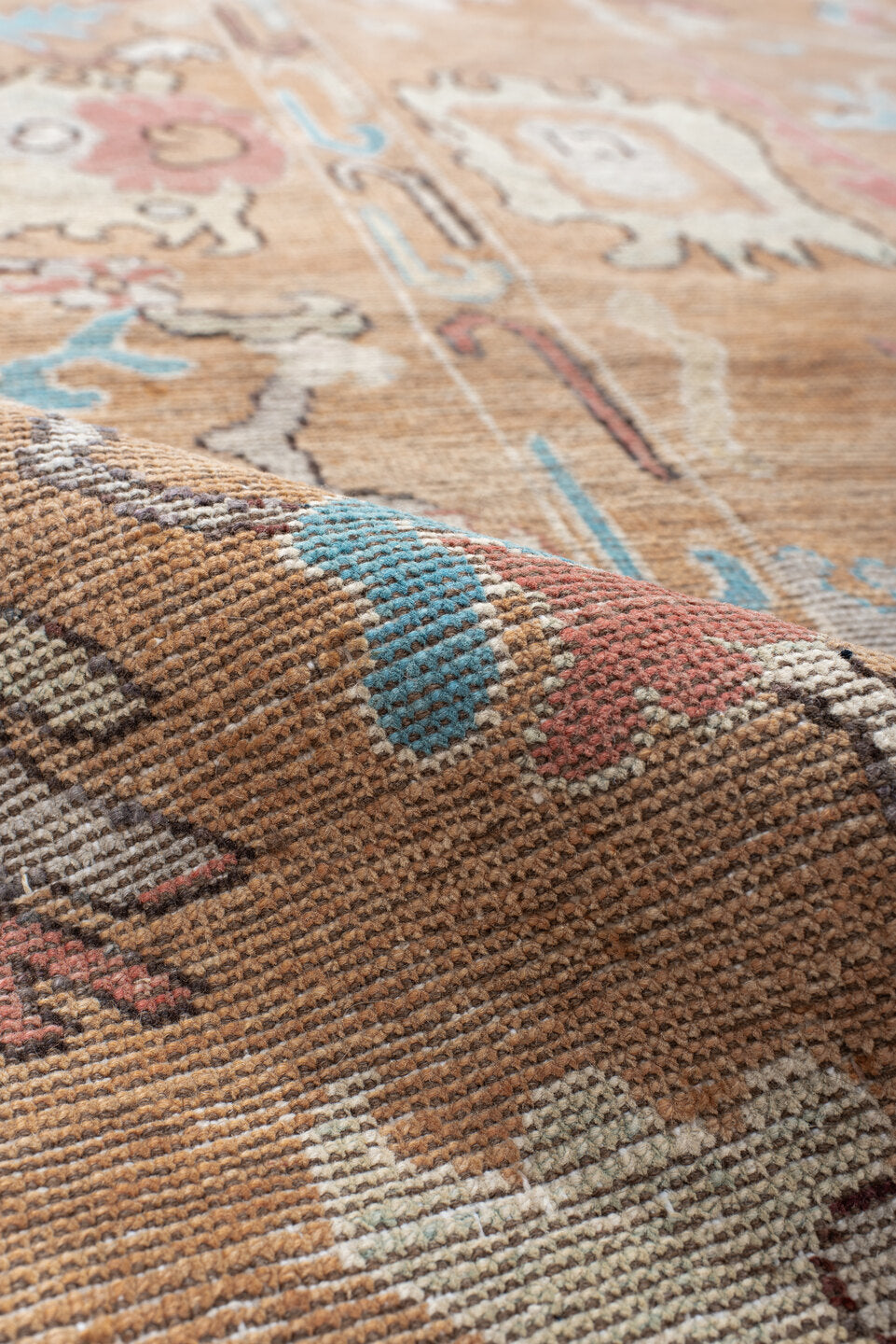 8' x 10' one-of-a-kind handmade vintage Oushak large size rug. Color palette: peach, ivory, sky blue, coral, beige