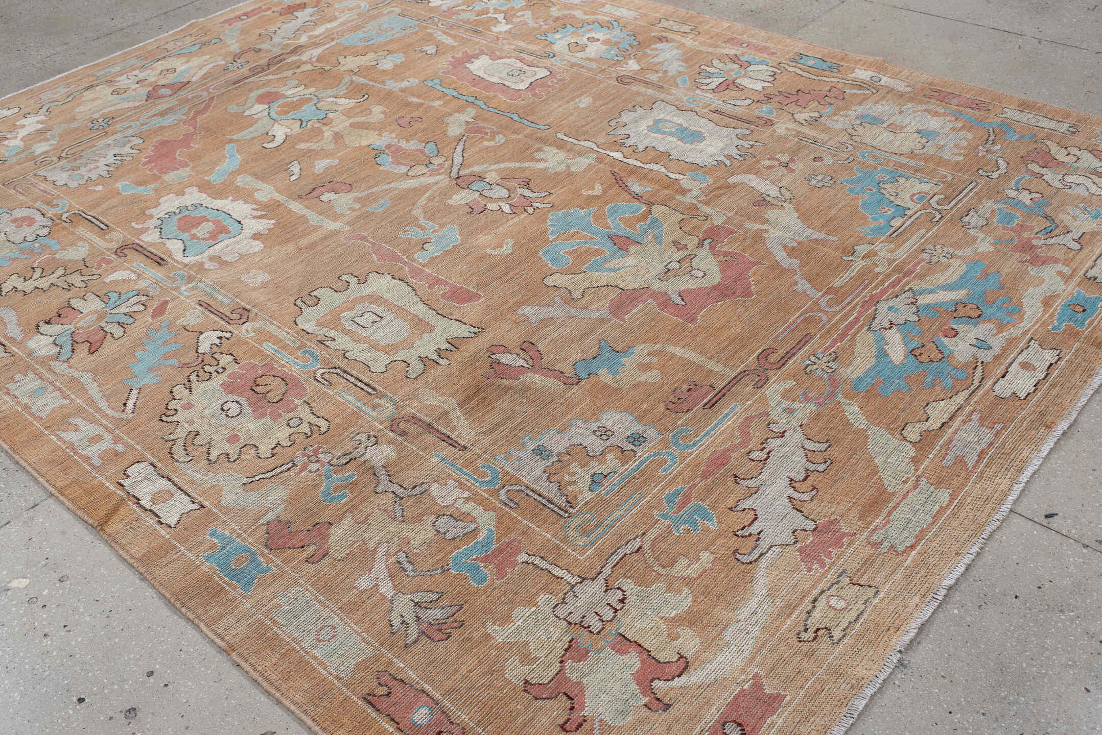 8' x 10' one-of-a-kind handmade vintage Oushak large size rug. Color palette: peach, ivory, sky blue, coral, beige