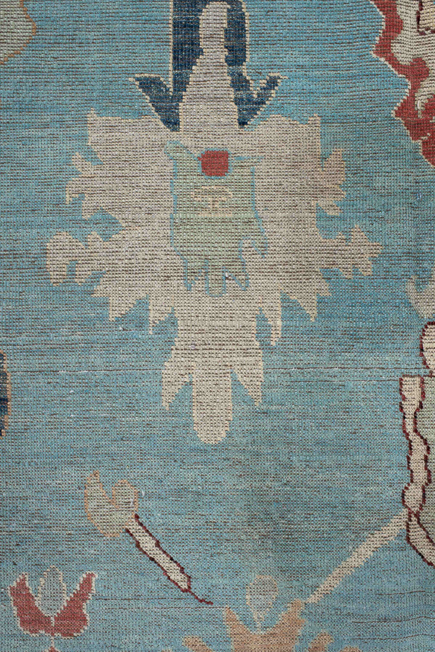 7' x 9' one-of-a-kind handmade vintage Oushak rug. Color palette: sky blue, ivory, pale blue, terra cotta, navy, beige