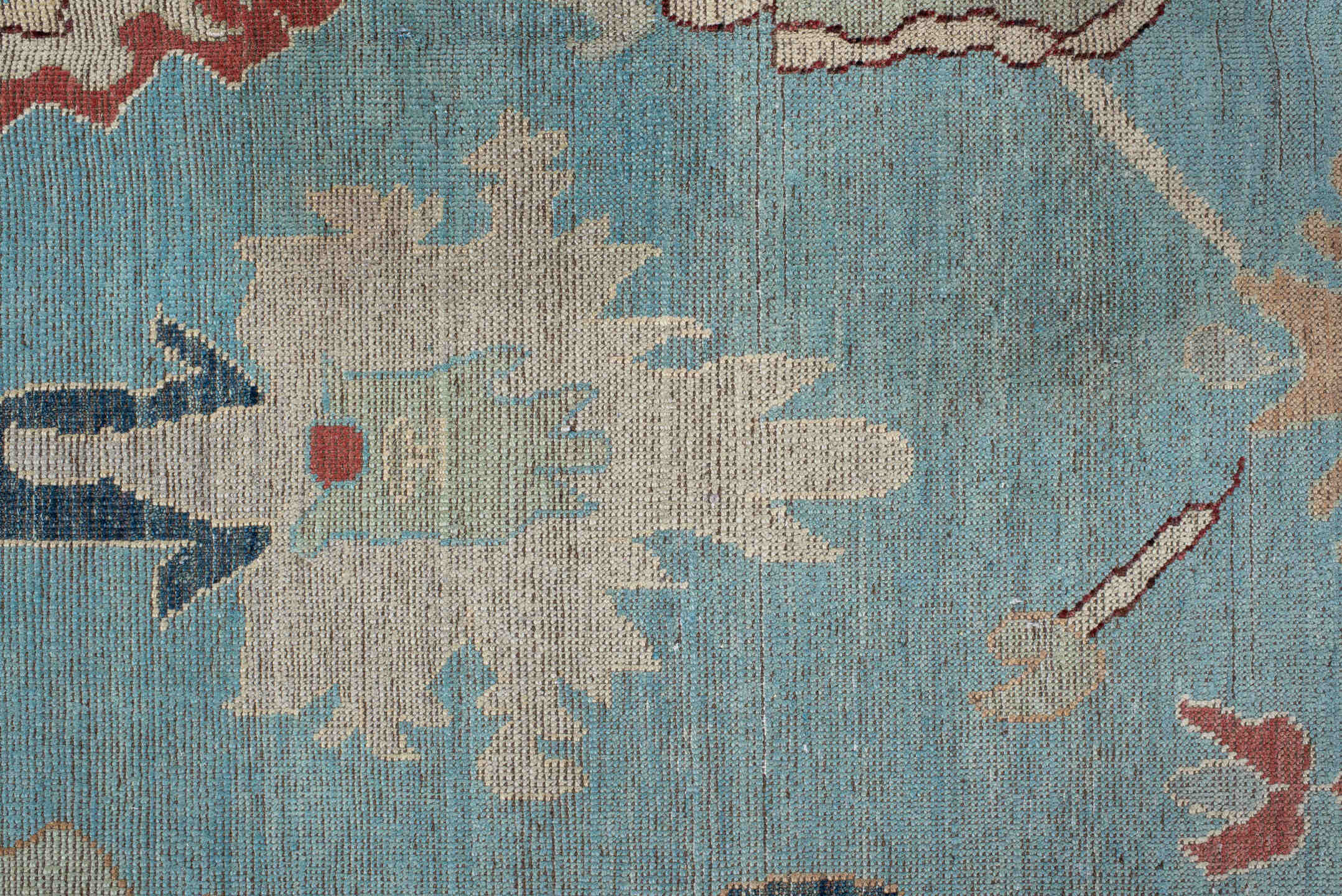 7' x 9' one-of-a-kind handmade vintage Oushak rug. Color palette: blue, brown, dark gray, dim gray, gray, light gray