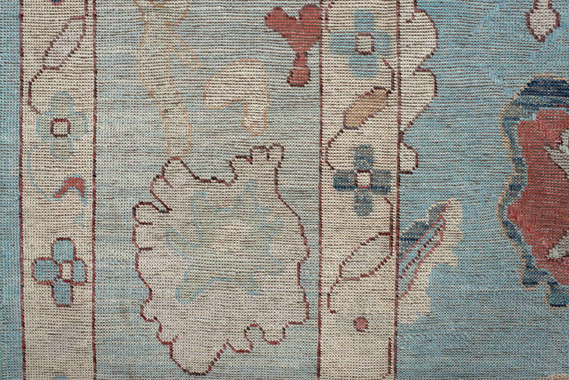 7' x 9' one-of-a-kind handmade vintage Oushak rug. Color palette: sky blue, ivory, pale blue, terra cotta, navy, beige
