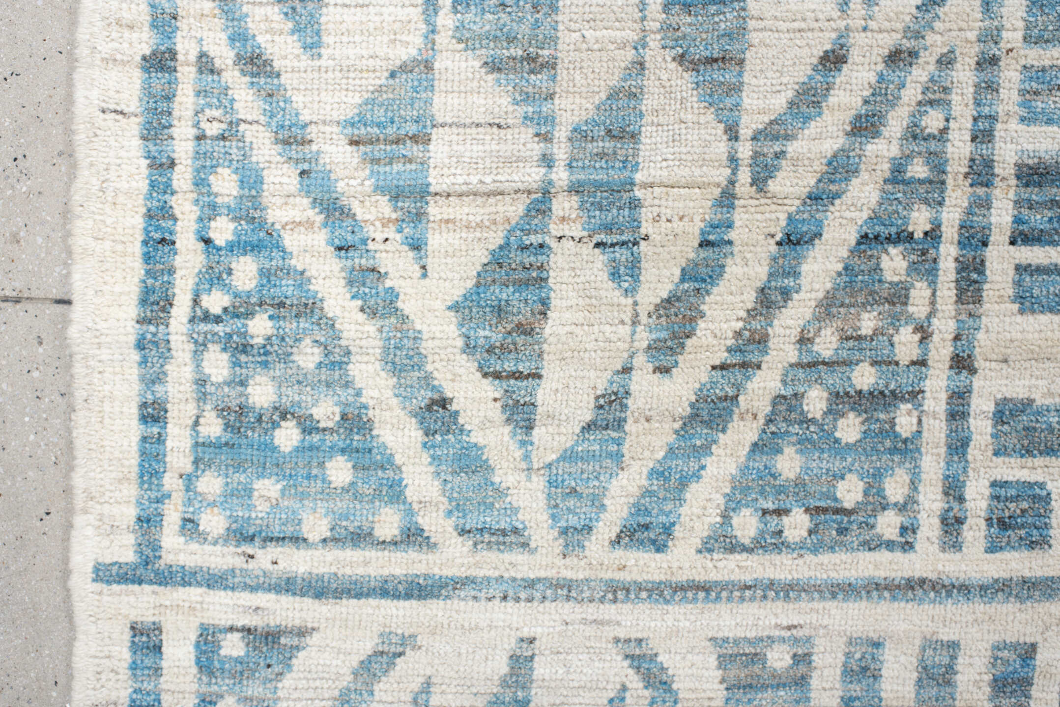 13' x 17' one-of-a-kind handmade vintage Tulu oversize rug. Color palette: ivory, sky blue, pale blue, light blue