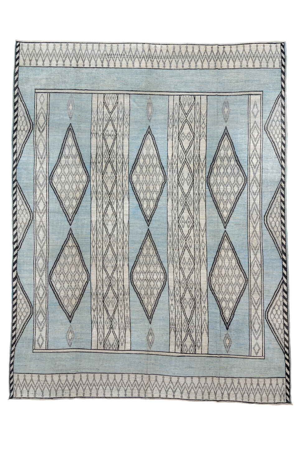 14' x 19' one-of-a-kind handmade vintage Tulu oversize rug. Color palette: black, blue, charcoal, dark gray, dim gray, gray