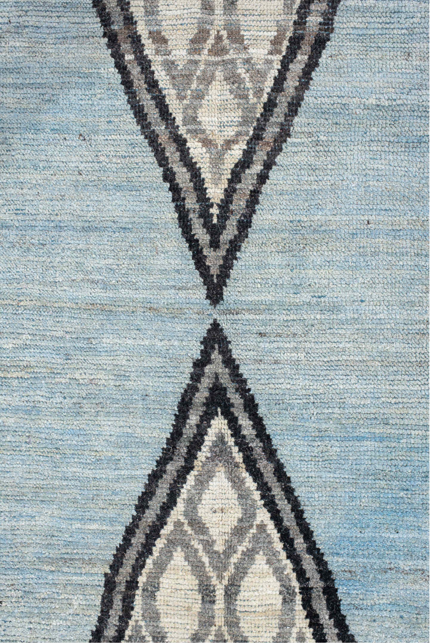 14' x 19' one-of-a-kind handmade vintage Tulu oversize rug. Color palette: pale blue, ivory, charcoal, gray, light blue