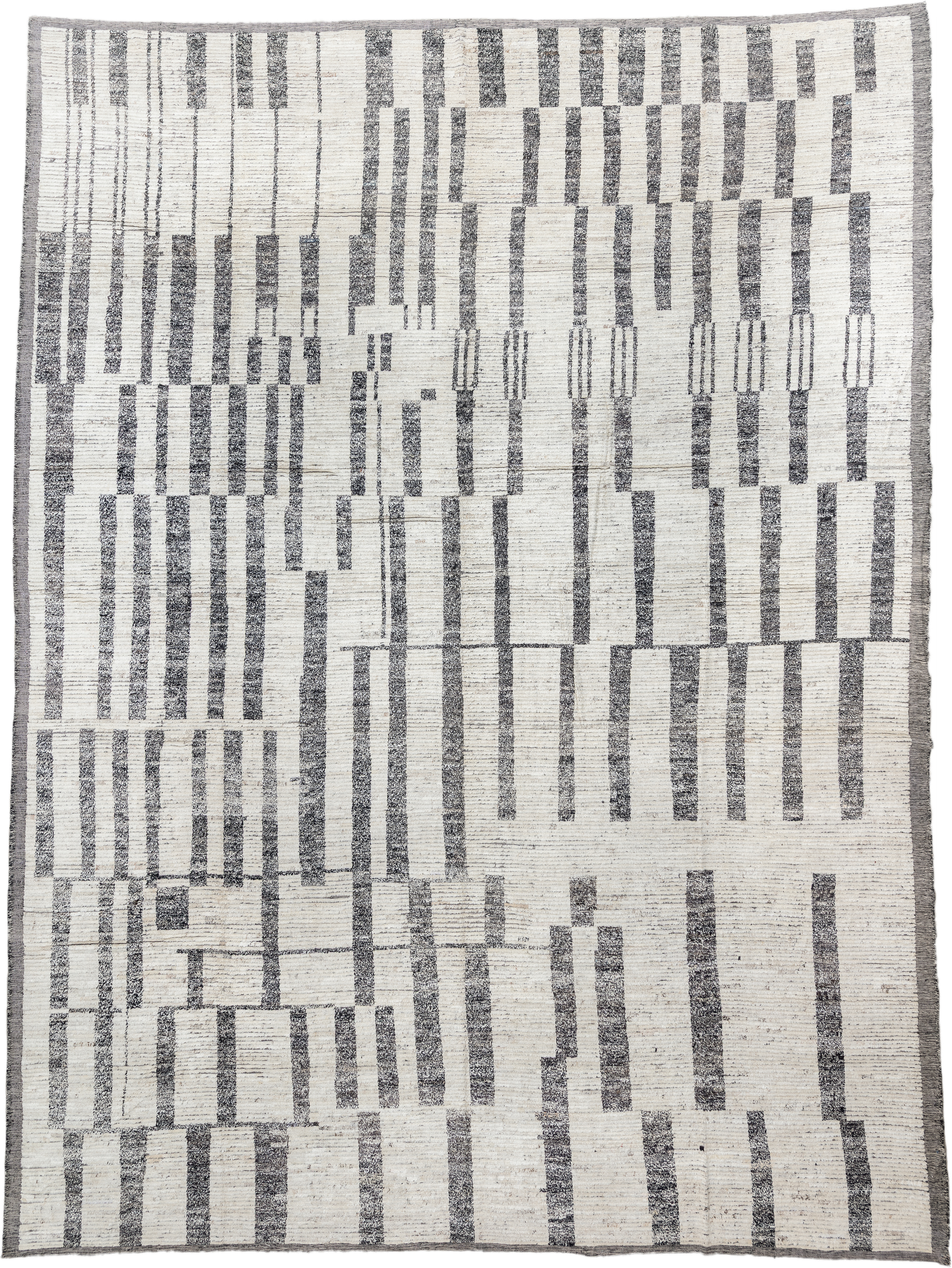 14' x 19' one-of-a-kind handmade vintage Tulu oversize rug. Color palette: ivory, charcoal, gray, black