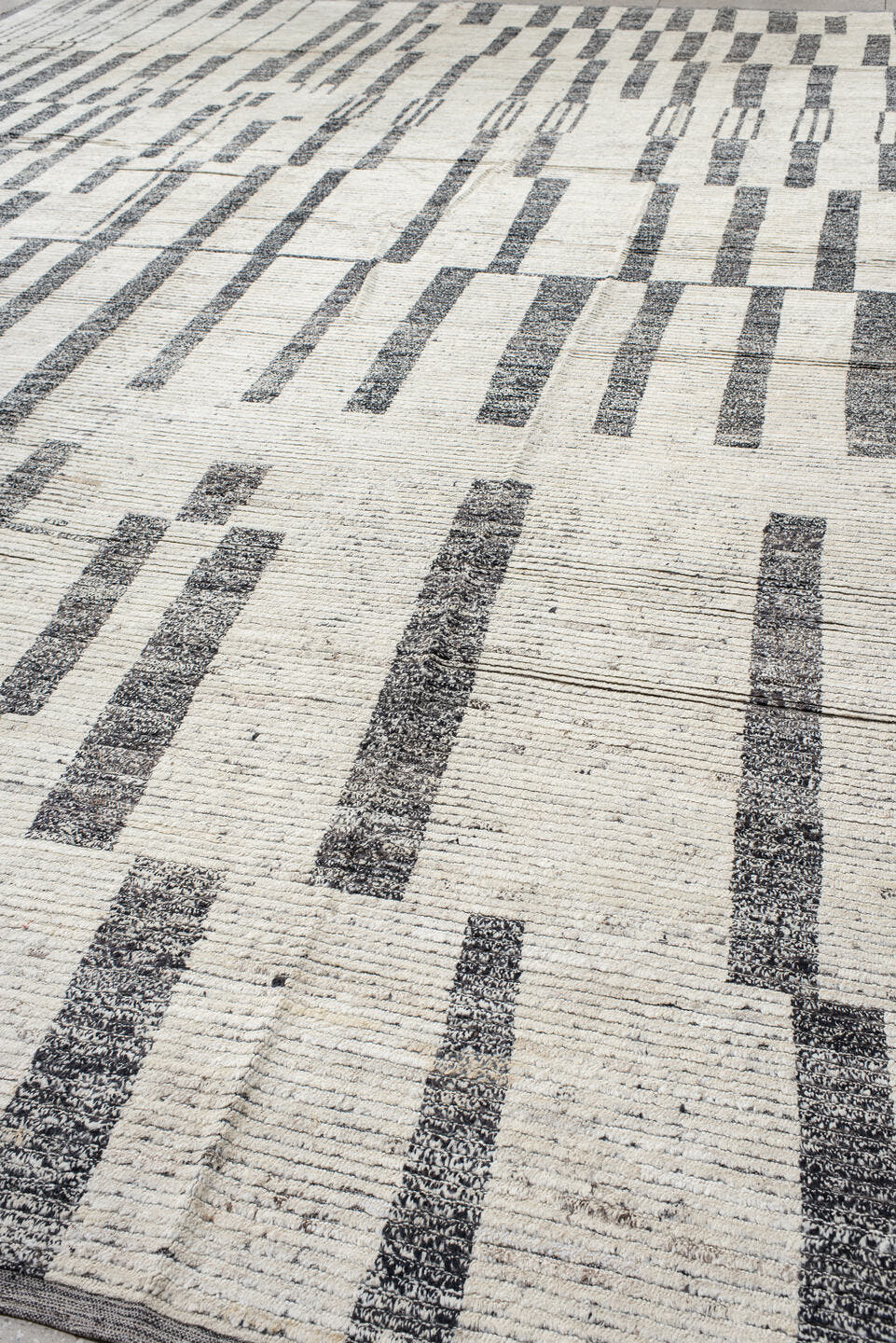 14' x 19' one-of-a-kind handmade vintage Tulu oversize rug. Color palette: ivory, charcoal, gray, black