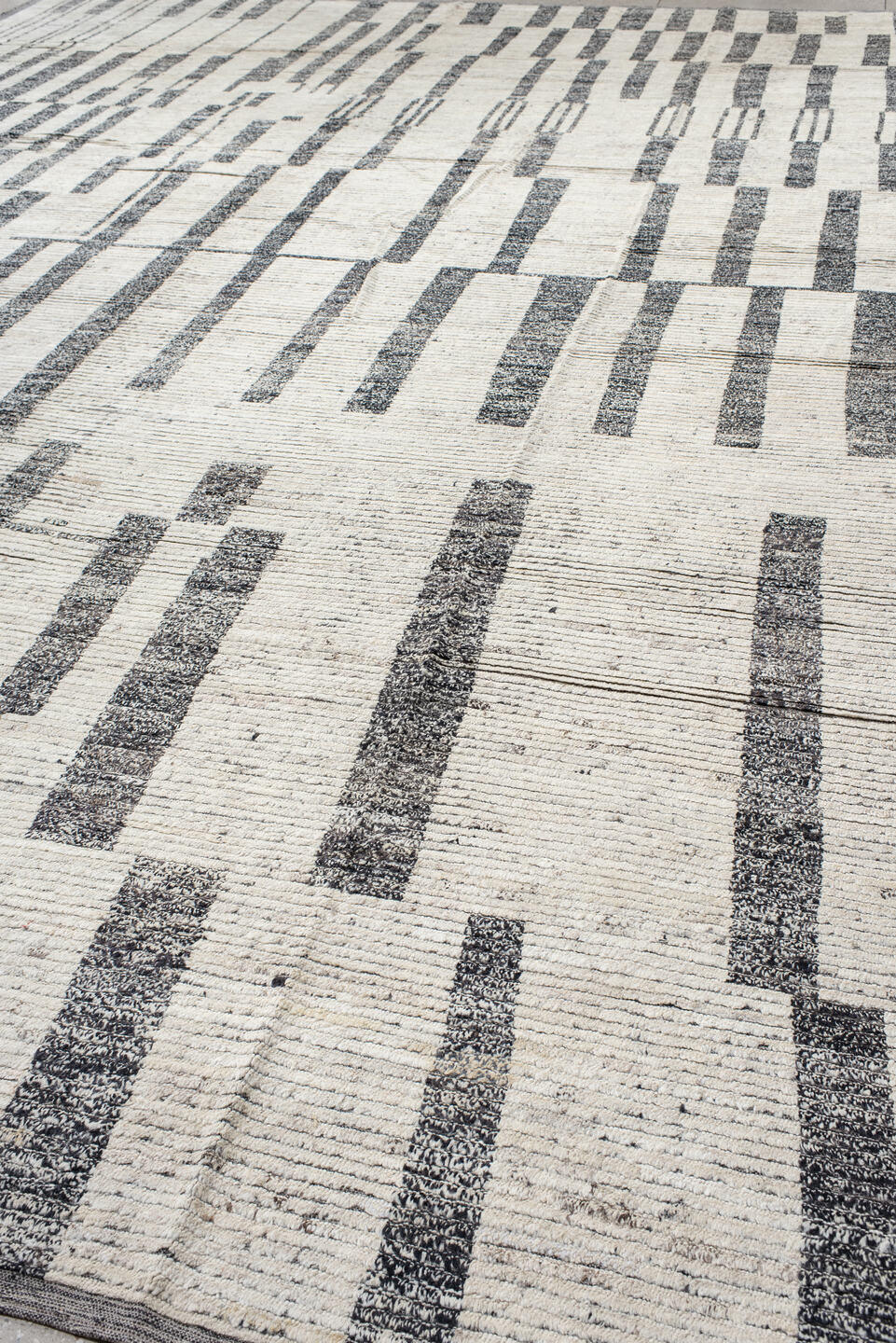 14' x 19' one-of-a-kind handmade vintage Tulu oversize rug. Color palette: ivory, charcoal, gray, black