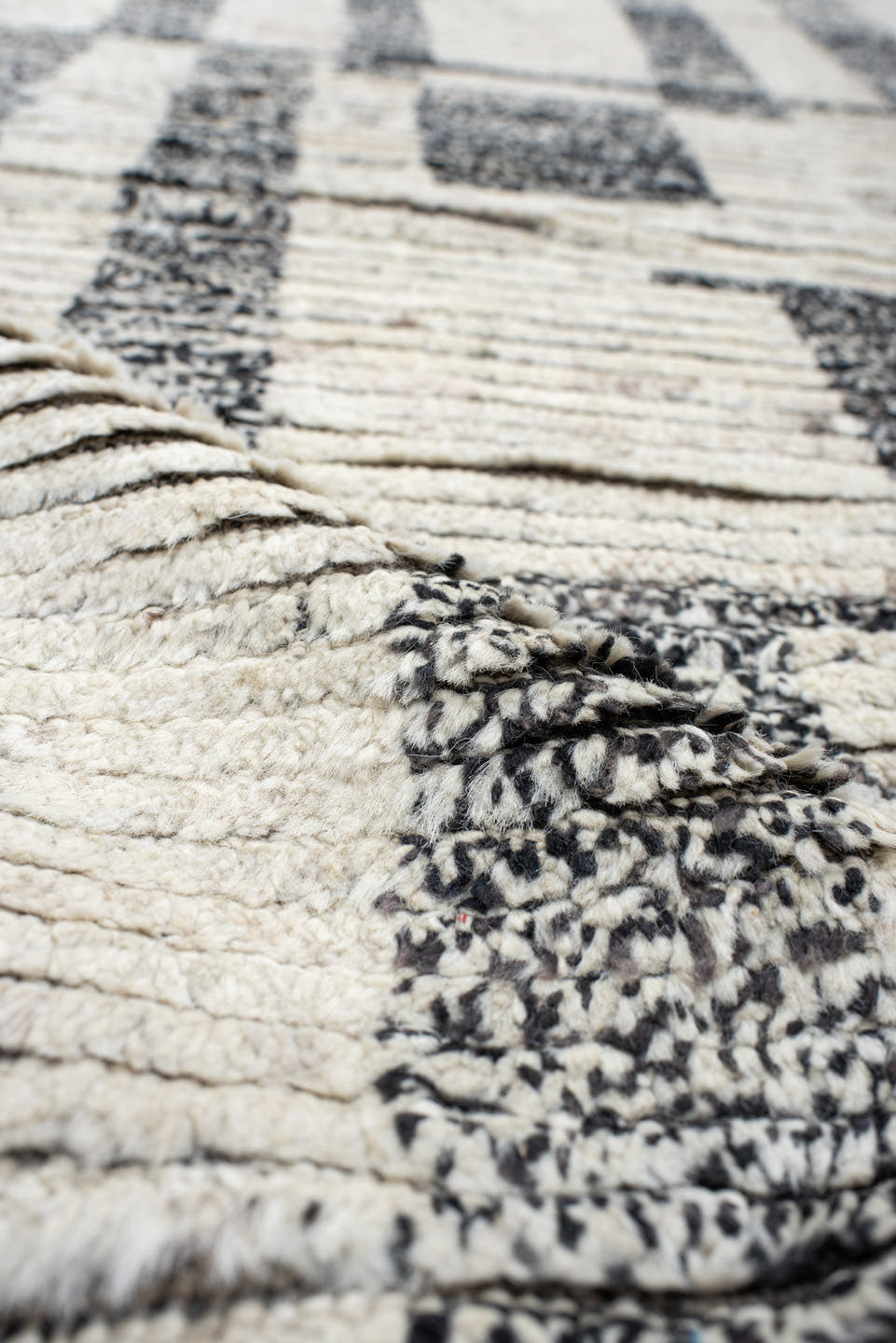 14' x 19' one-of-a-kind handmade vintage Tulu oversize rug. Color palette: ivory, charcoal, gray, black