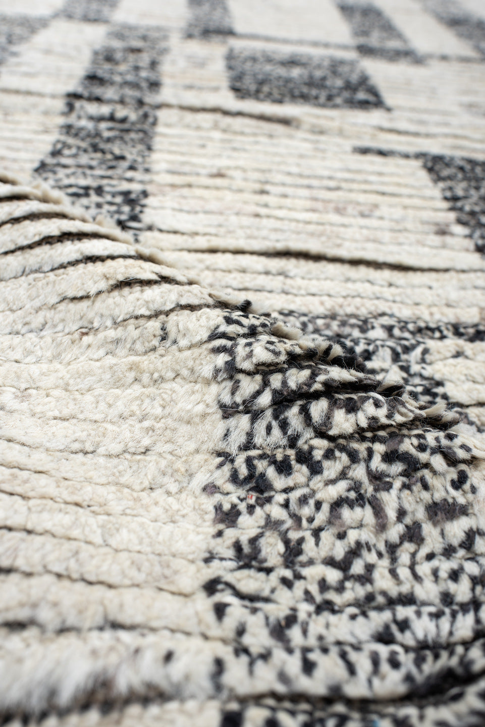 14' x 19' one-of-a-kind handmade vintage Tulu oversize rug. Color palette: ivory, charcoal, gray, black