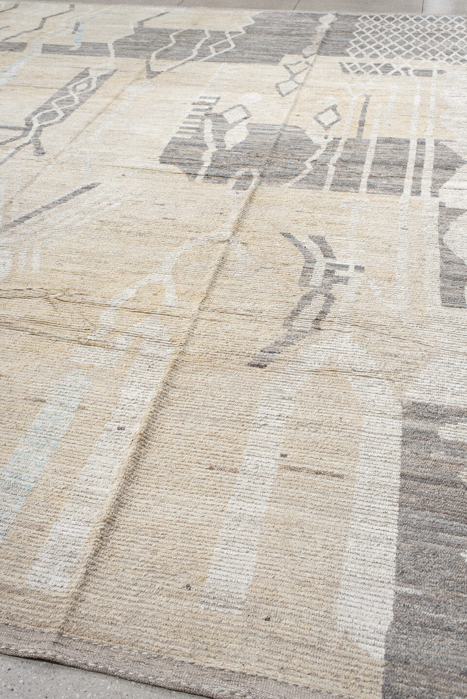 13' x 16' one-of-a-kind handmade vintage Tulu oversize rug. Color palette: ivory, taupe, gray, charcoal, cream, pale_blue