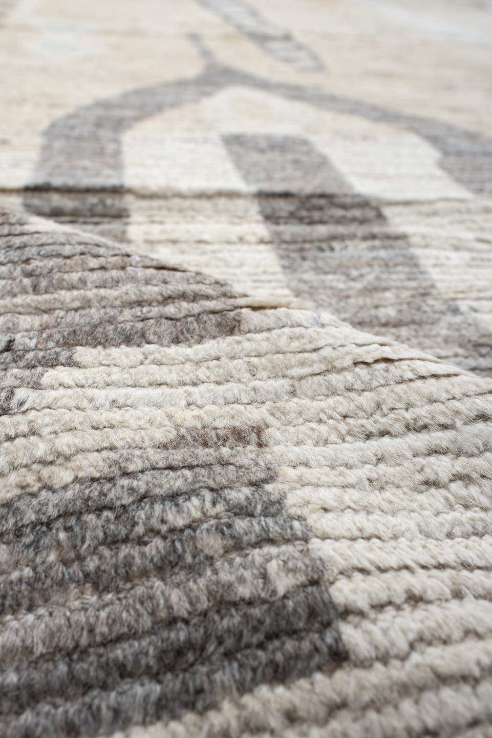 13' x 16' one-of-a-kind handmade vintage Tulu oversize rug. Color palette: ivory, taupe, gray, charcoal, cream, pale_blue