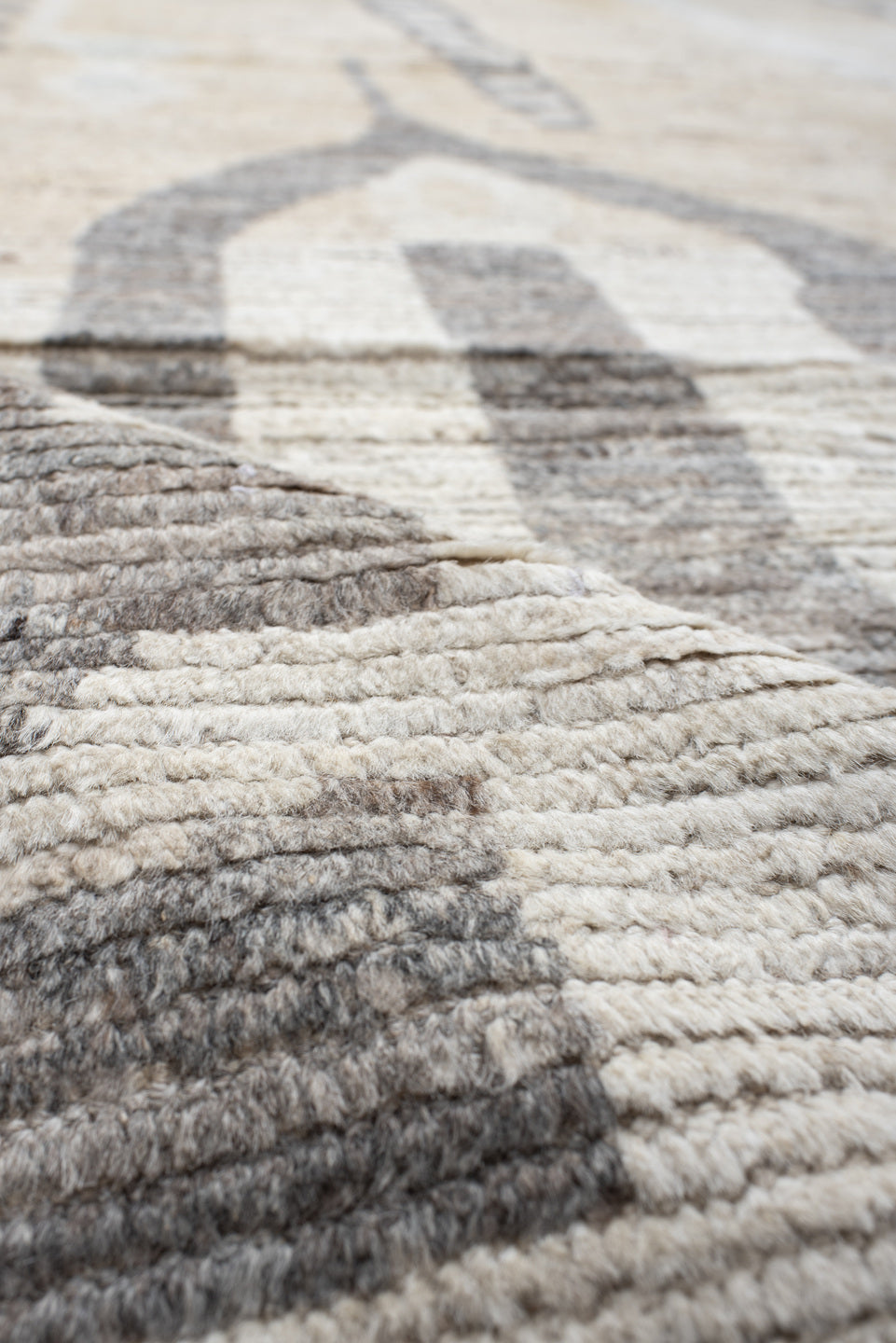 13' x 16' one-of-a-kind handmade vintage Tulu oversize rug. Color palette: ivory, taupe, gray, charcoal, cream, pale_blue