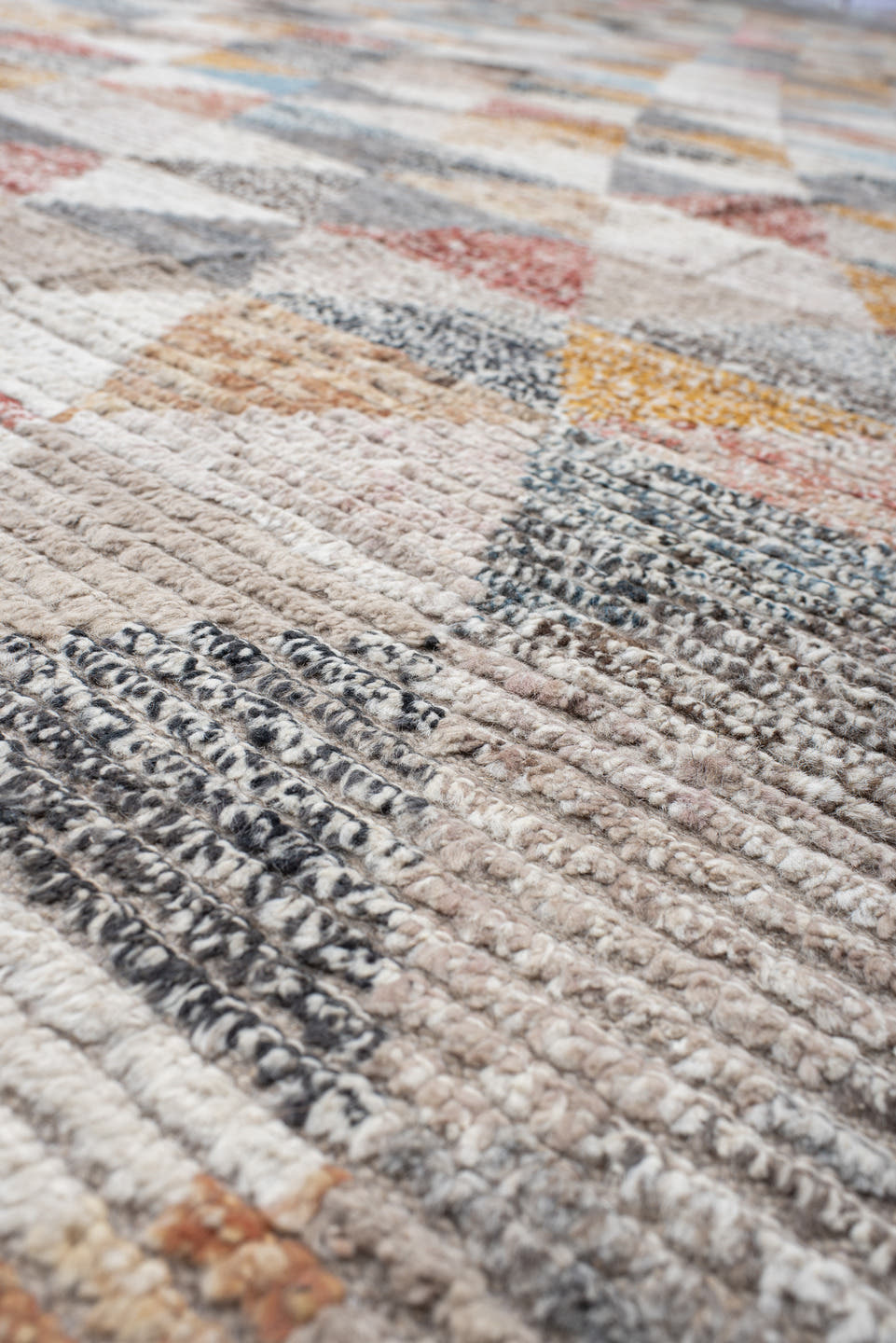 16' x 20' one-of-a-kind handmade vintage Tulu oversize rug. Color palette: ivory, gray, taupe, sky blue, gold, coral