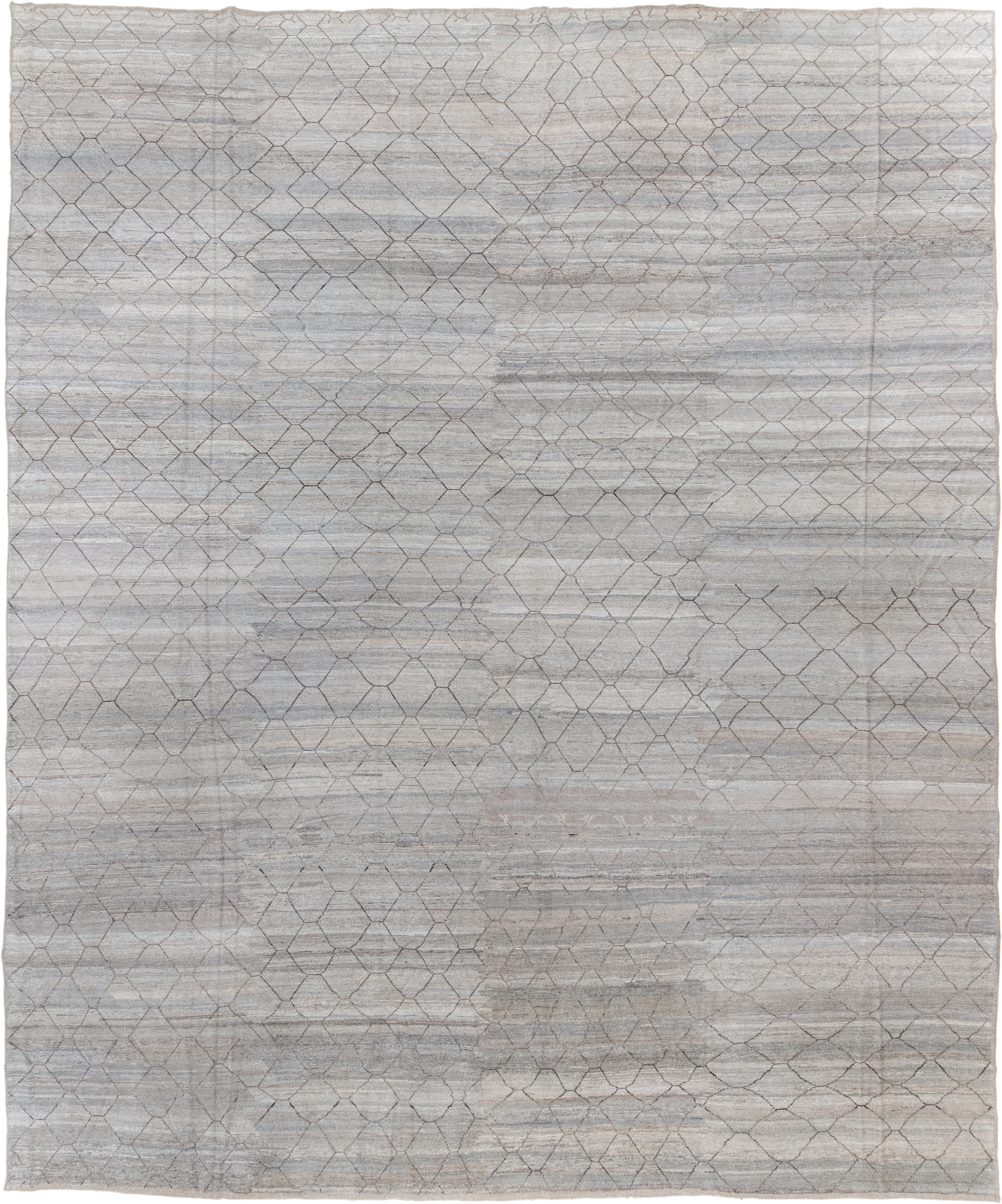 18' x 21' one-of-a-kind handmade vintage Tulu oversize rug. Color palette: ivory, silver, taupe, gray, beige