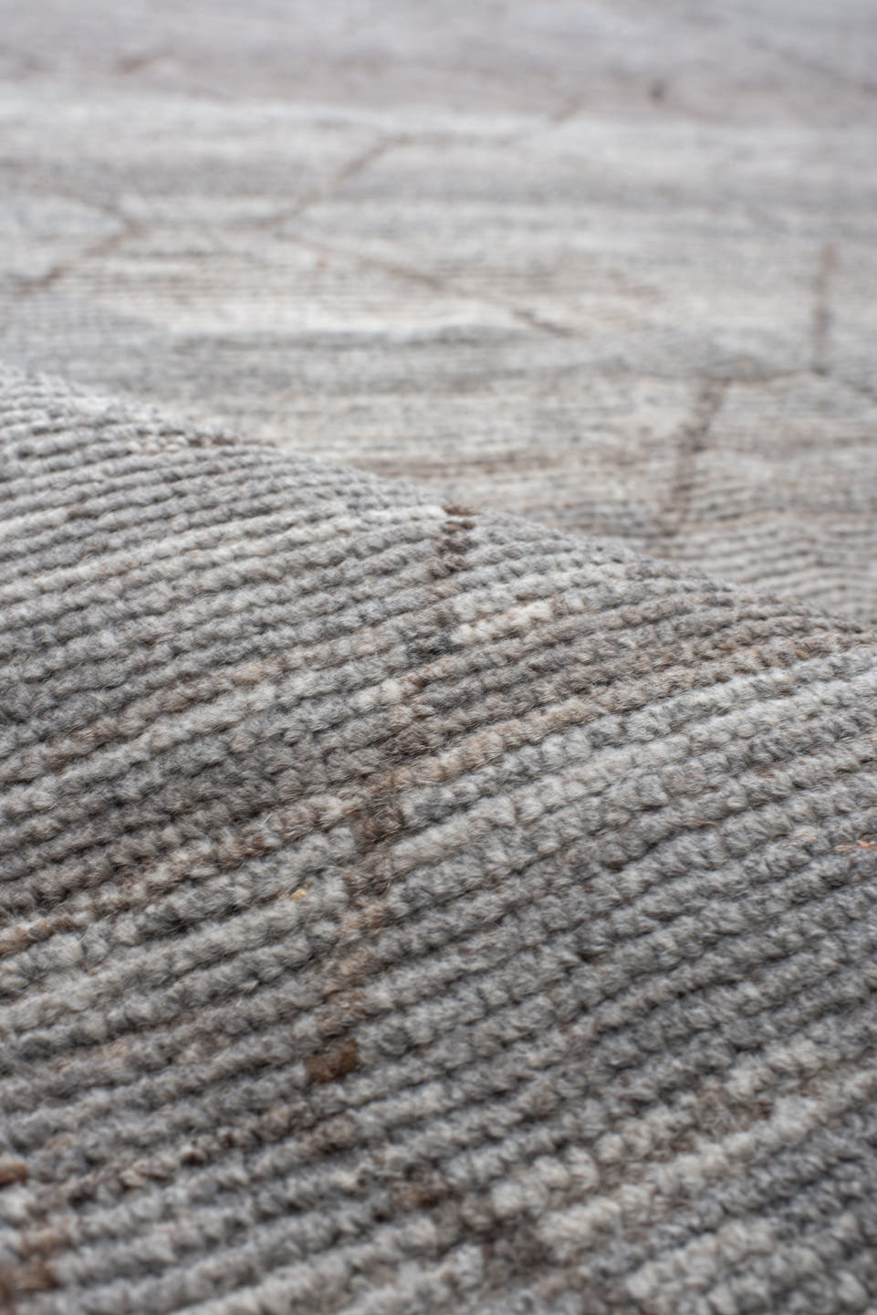 18' x 21' one-of-a-kind handmade vintage Tulu oversize rug. Color palette: ivory, silver, taupe, gray, beige