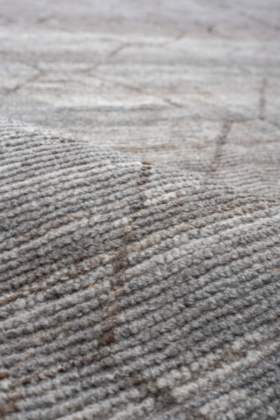 18' x 21' one-of-a-kind handmade vintage Tulu oversize rug. Color palette: ivory, silver, taupe, gray, beige