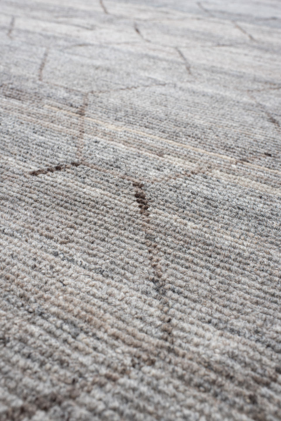 18' x 21' one-of-a-kind handmade vintage Tulu oversize rug. Color palette: ivory, silver, taupe, gray, beige