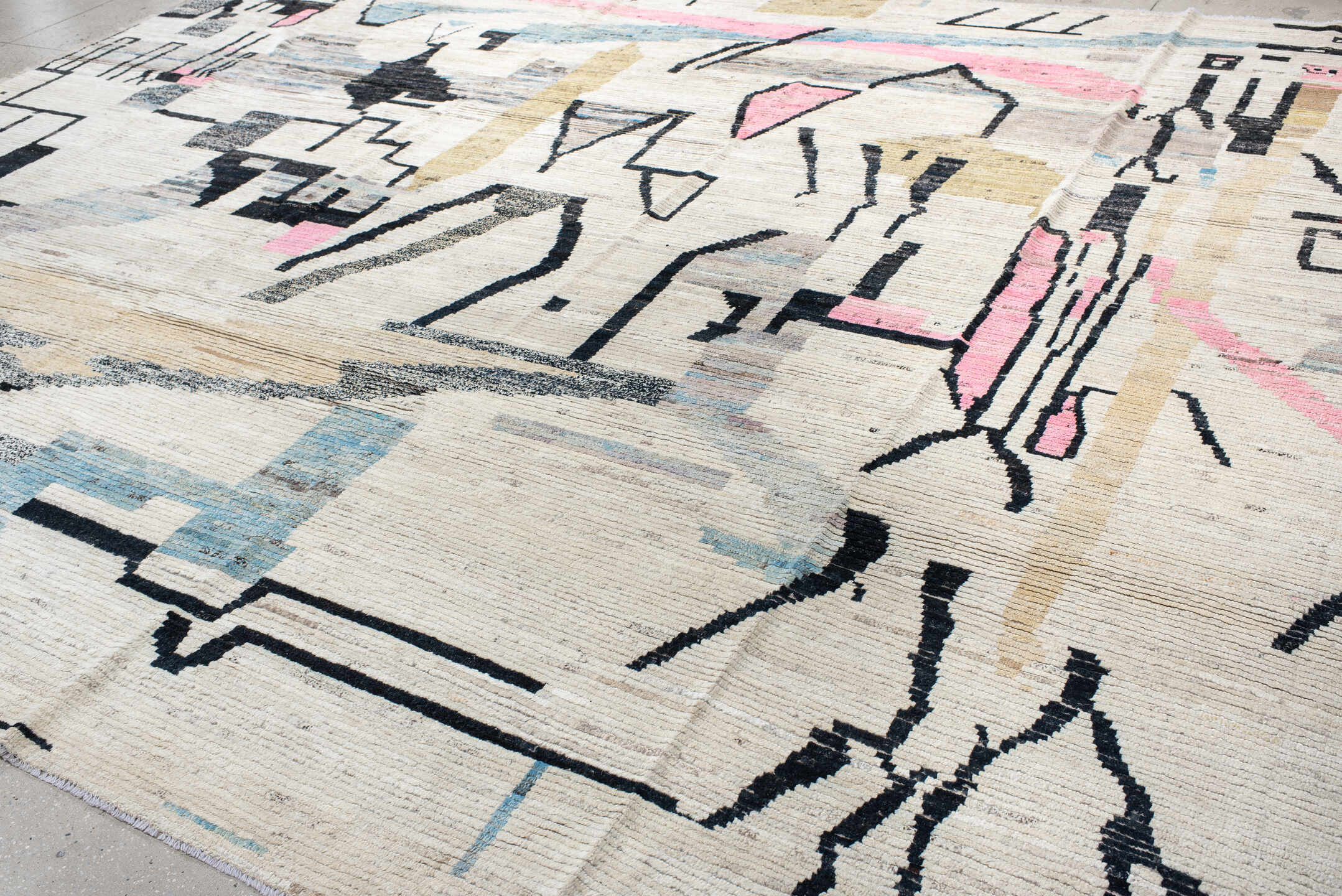 15' x 11' one-of-a-kind handmade vintage Tulu oversize rug. Color palette: ivory, black, sky_blue, blush, pale_gold, gray
