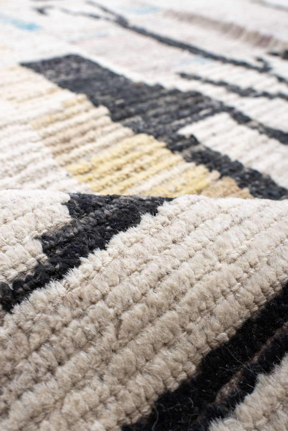 15' x 11' one-of-a-kind handmade vintage Tulu oversize rug. Color palette: ivory, black, sky_blue, blush, pale_gold, gray