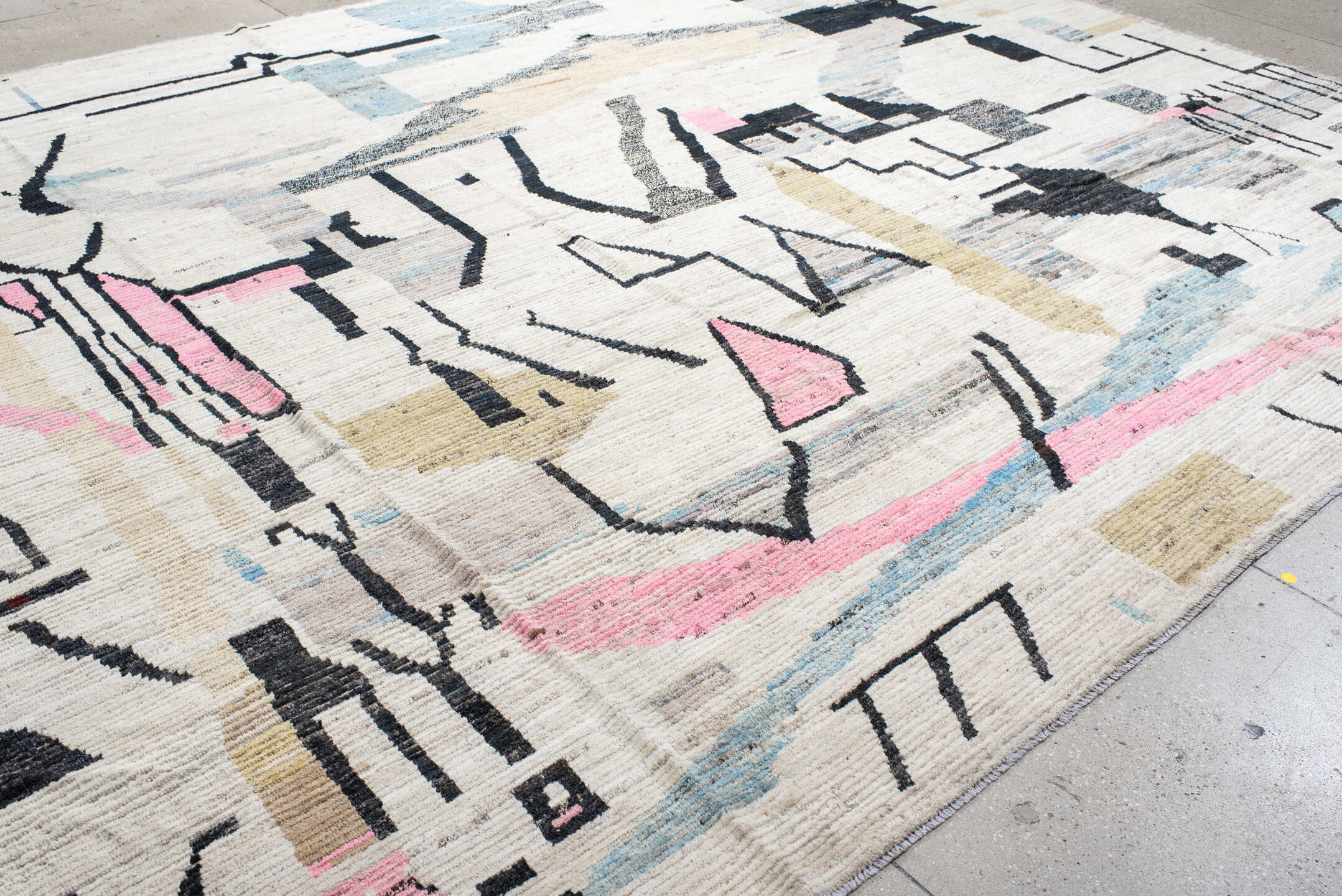 15' x 11' one-of-a-kind handmade vintage Tulu oversize rug. Color palette: gray, light gray, brown, pink, blue, off-white