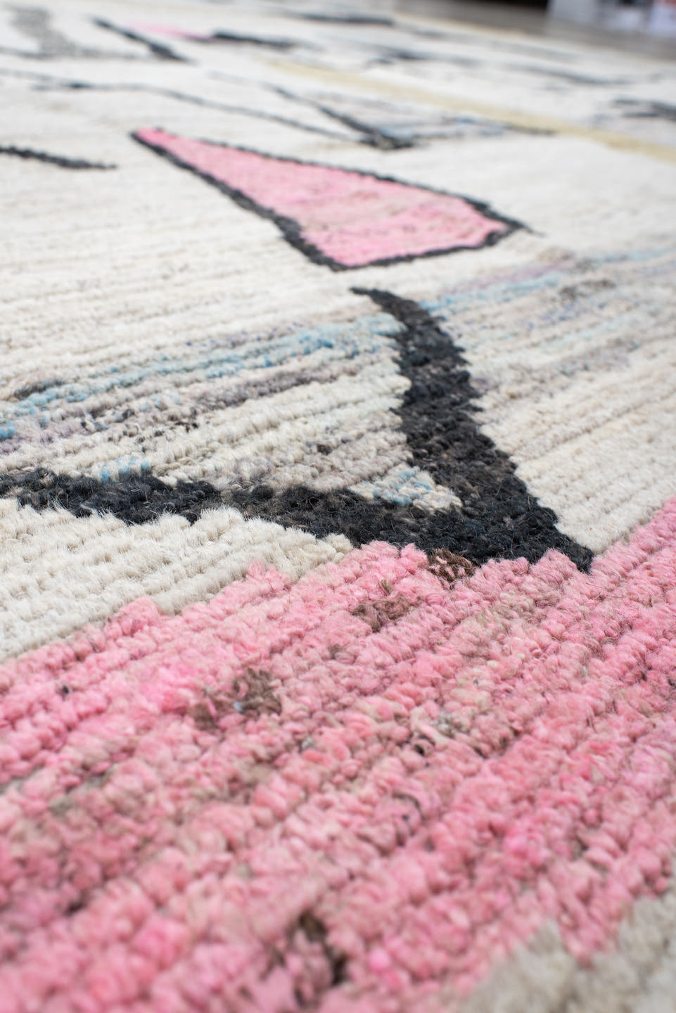 15' x 11' one-of-a-kind handmade vintage Tulu oversize rug. Color palette: ivory, black, sky_blue, blush, pale_gold, gray