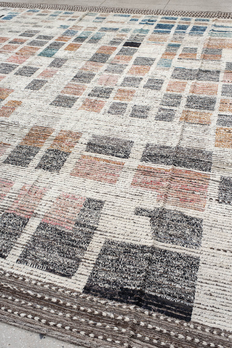 13' x 14' one-of-a-kind handmade vintage Tulu oversize rug. Color palette: ivory, charcoal, slate, taupe, soft blue
