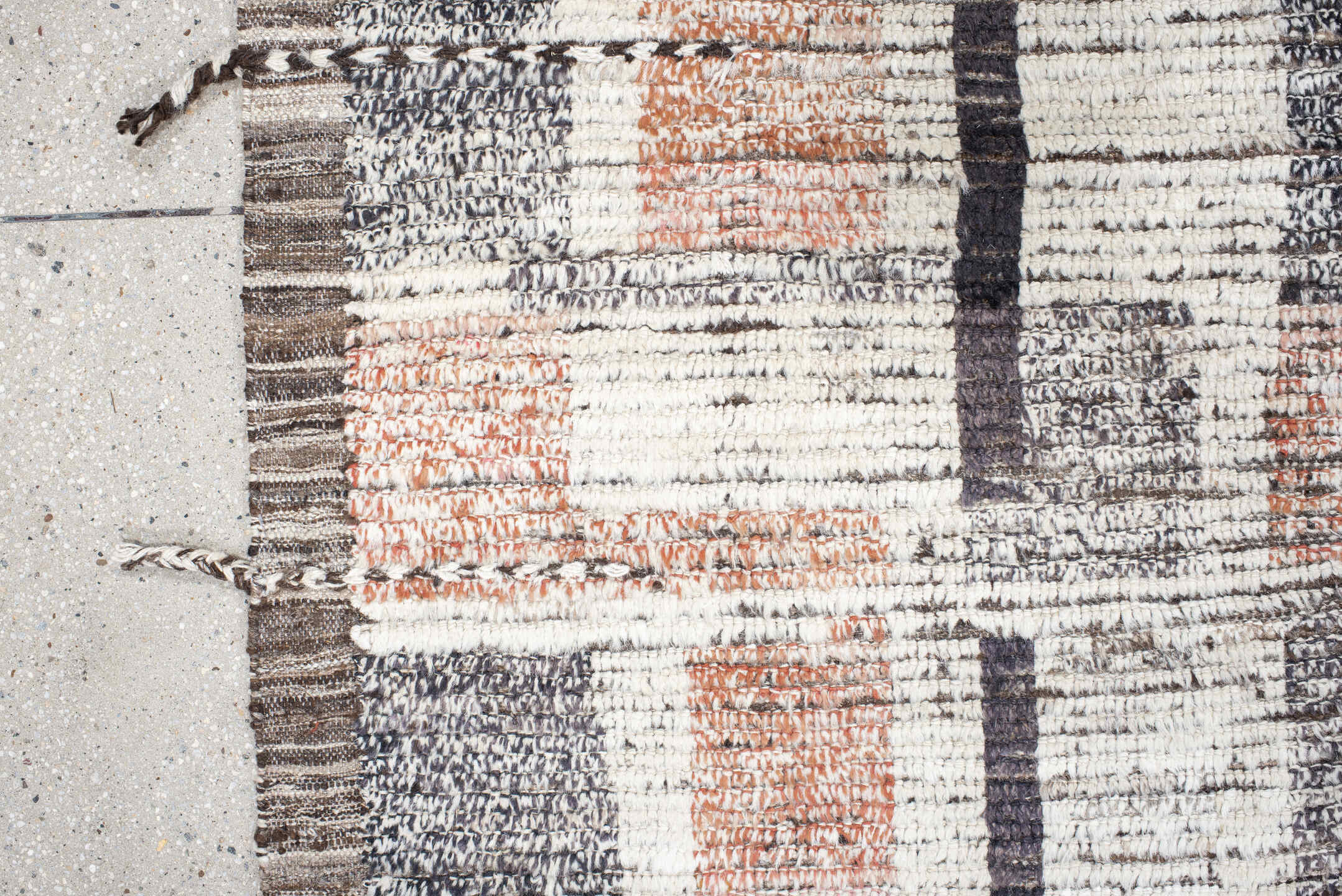 13' x 14' one-of-a-kind handmade vintage Tulu oversize rug. Color palette: ivory, charcoal, slate, taupe, soft blue