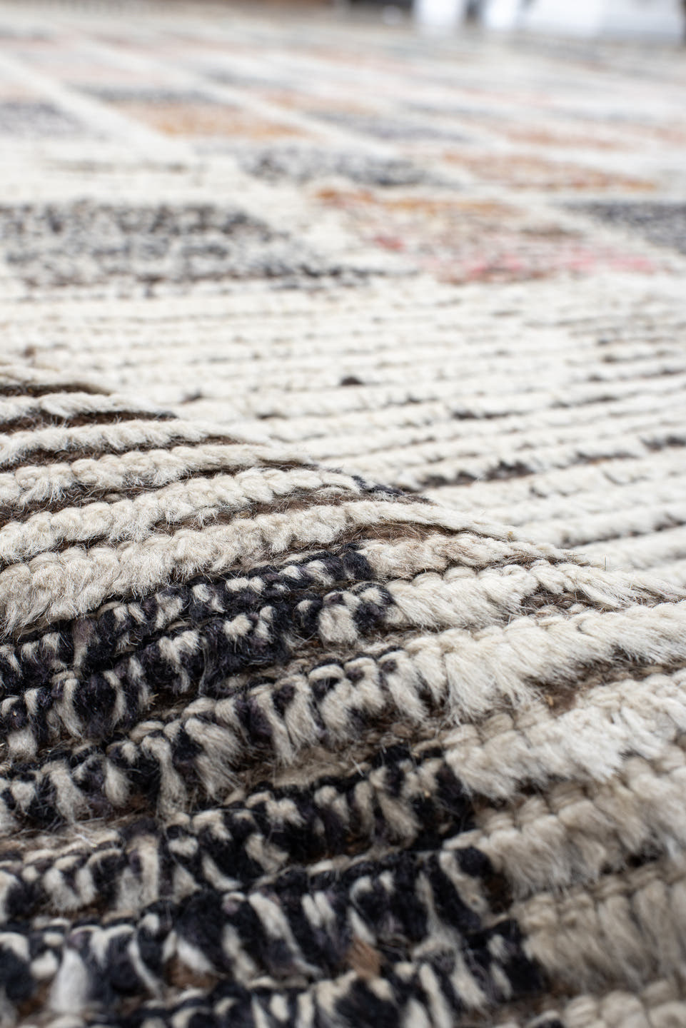 13' x 14' one-of-a-kind handmade vintage Tulu oversize rug. Color palette: ivory, charcoal, slate, taupe, soft blue