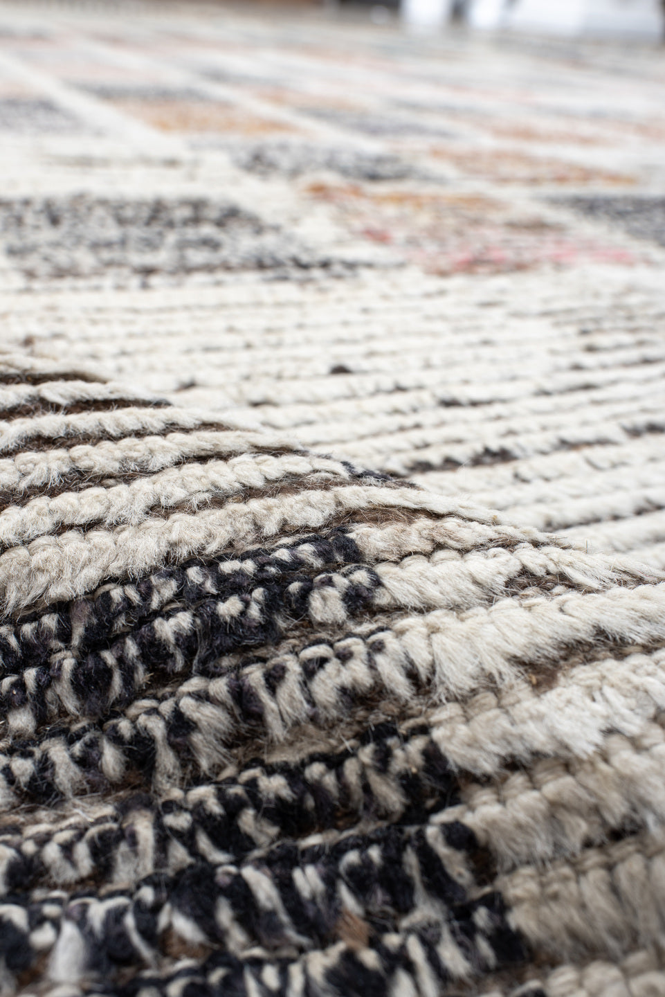 13' x 14' one-of-a-kind handmade vintage Tulu oversize rug. Color palette: ivory, charcoal, slate, taupe, soft blue