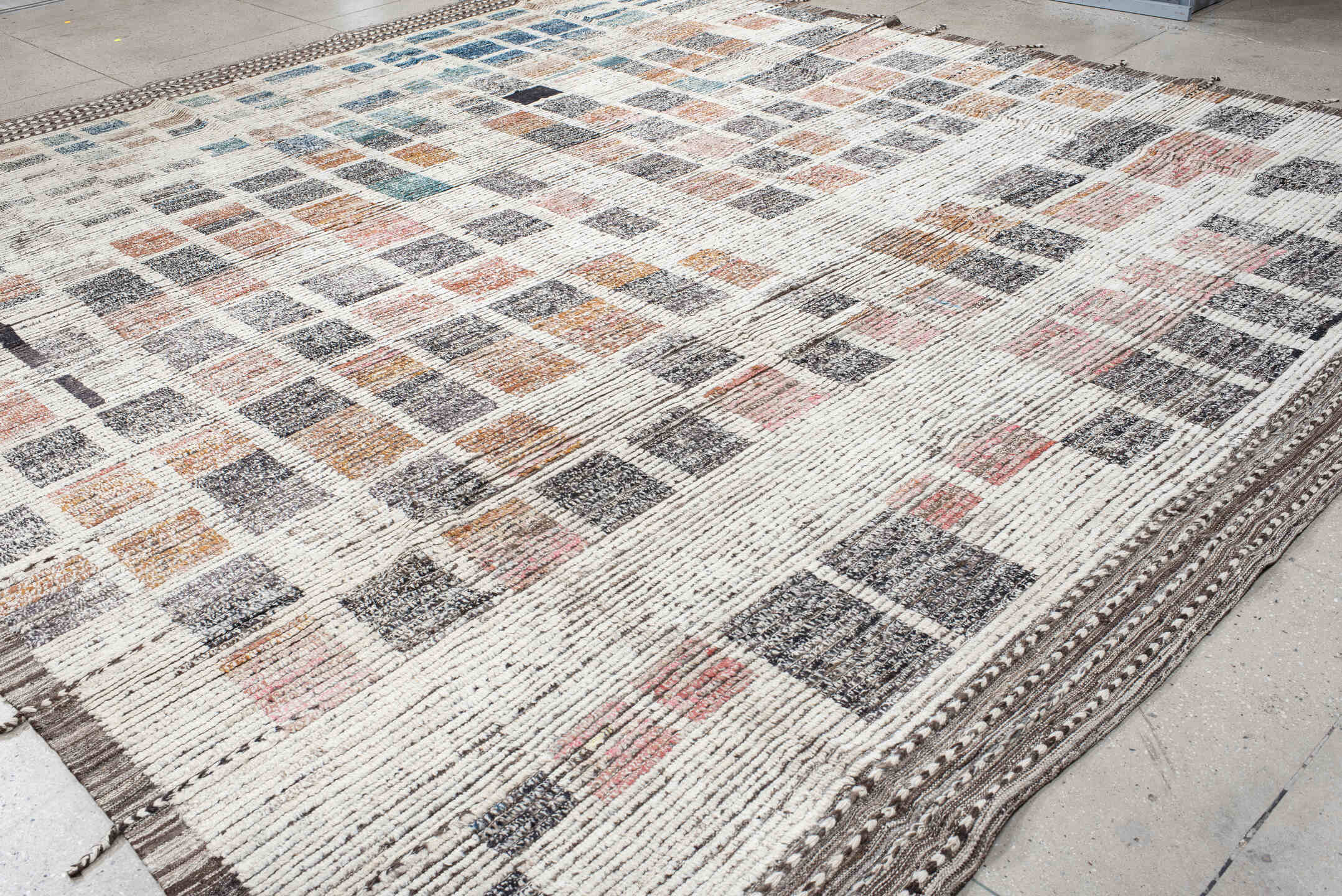 13' x 14' one-of-a-kind handmade vintage Tulu oversize rug. Color palette: ivory, charcoal, slate, taupe, soft blue