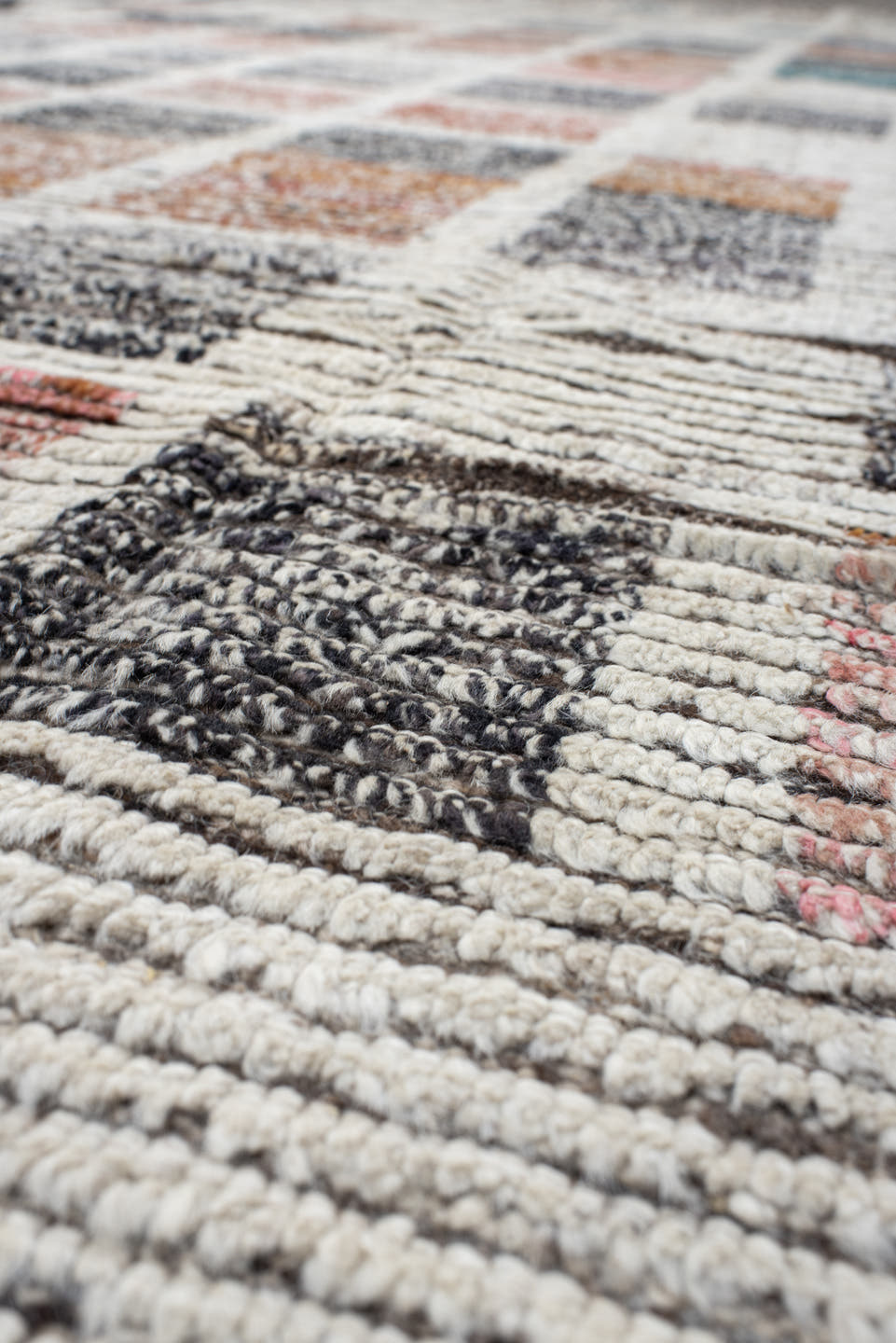 13' x 14' one-of-a-kind handmade vintage Tulu oversize rug. Color palette: ivory, charcoal, slate, taupe, soft blue