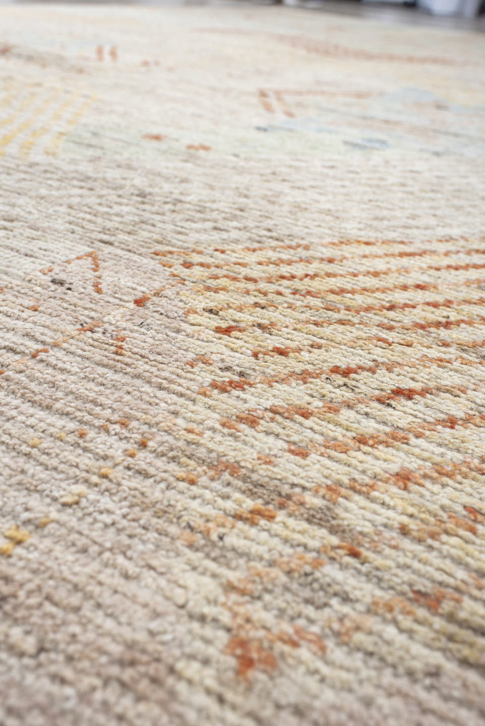 13' x 16' one-of-a-kind handmade vintage Tulu oversize rug. Color palette: ivory, peach, sky_blue, sage, soft_gold, taupe